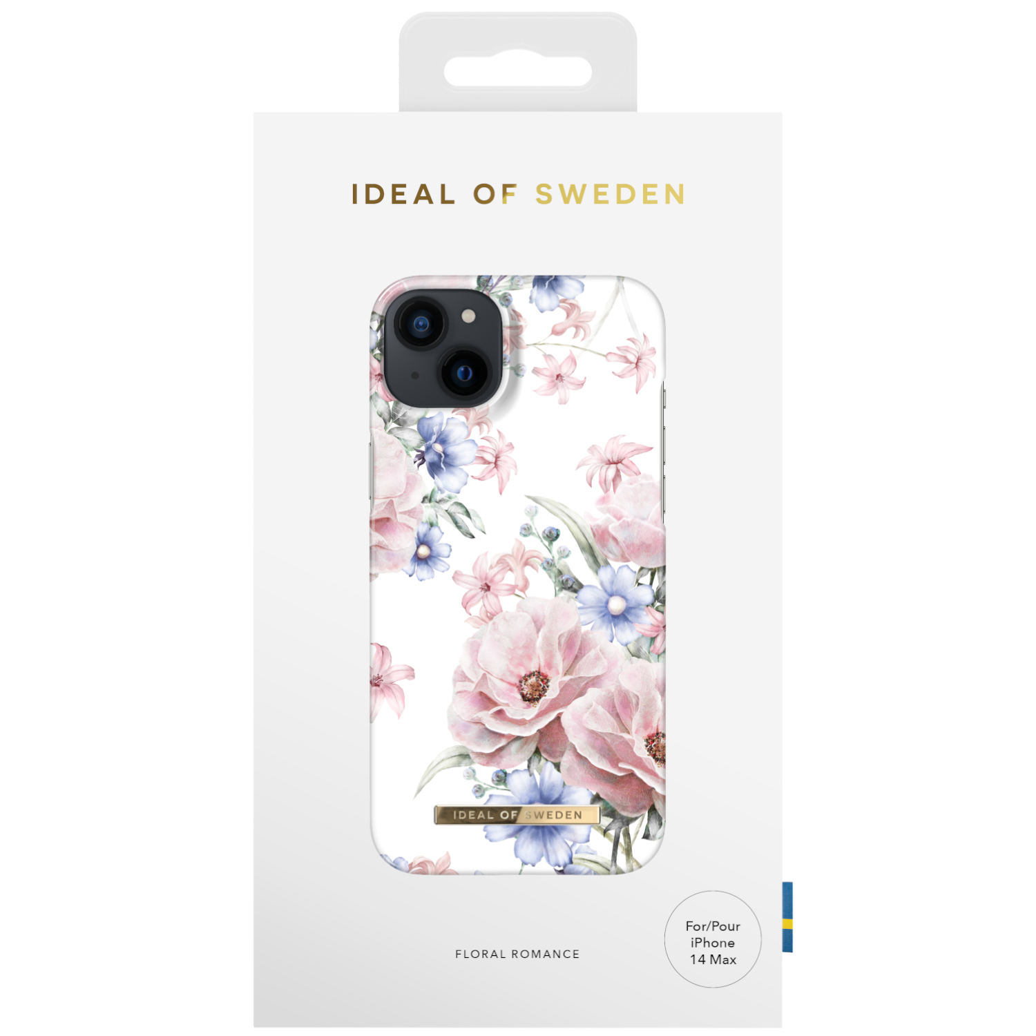 Handyhülle in einer Box. Blumendesign mit rosa und blauen Blumen. Weißer Hintergrund. Text: Ideal of Sweden.