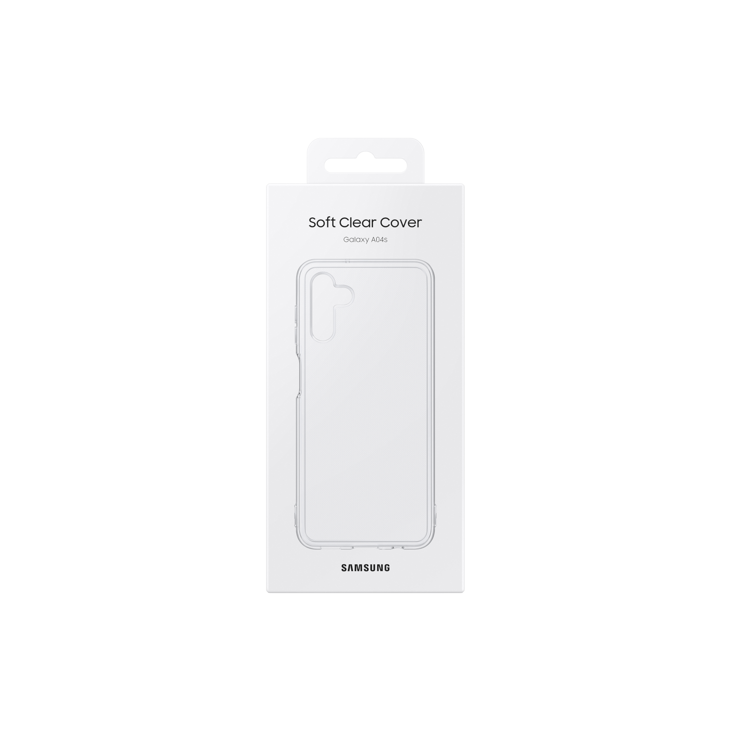 Transparente Handyhülle in weißer Box. Text: Soft Clear Cover, Samsung Galaxy A04s.