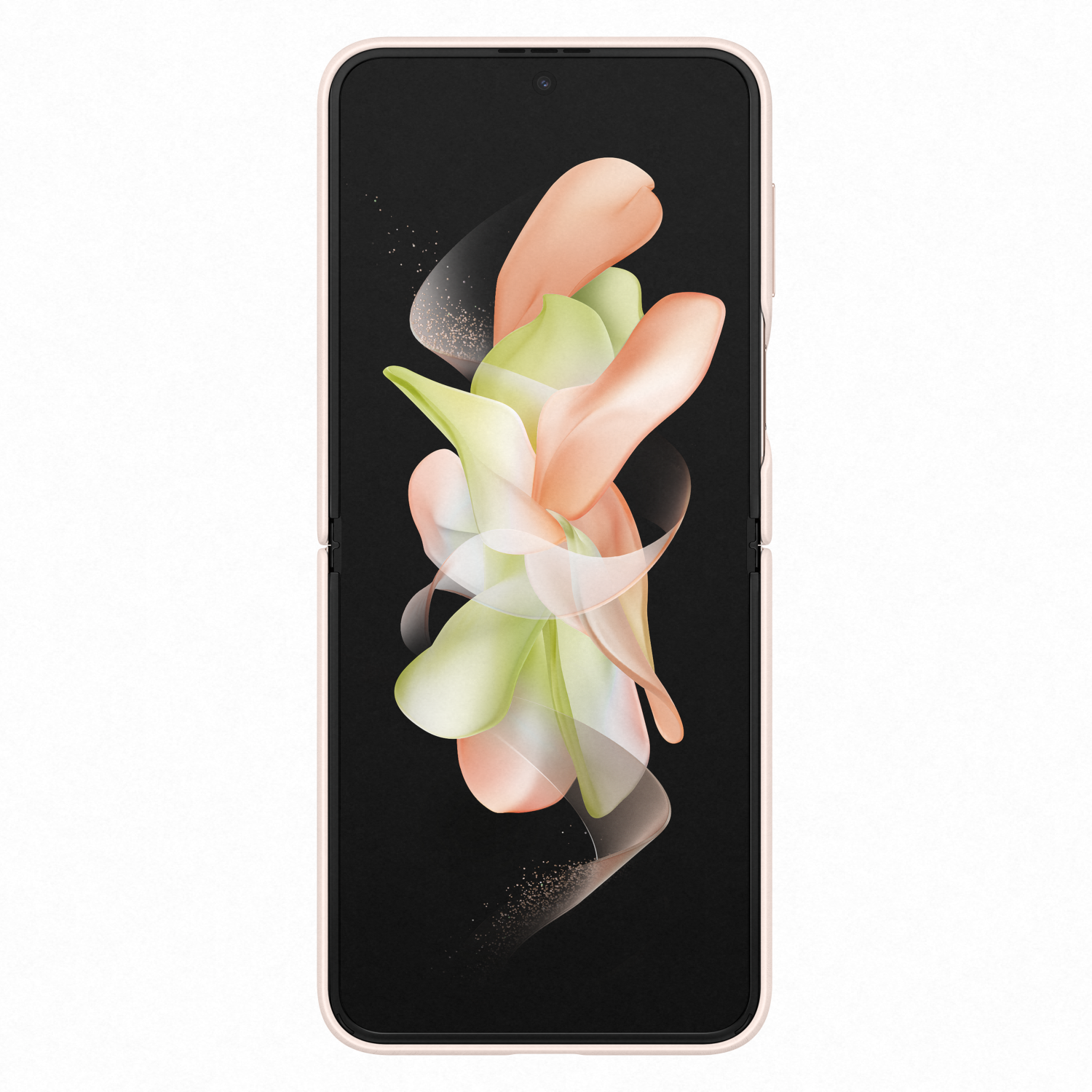 Téléphone rose plié avec écran noir. Design abstrait sur l'écran. Fond blanc.