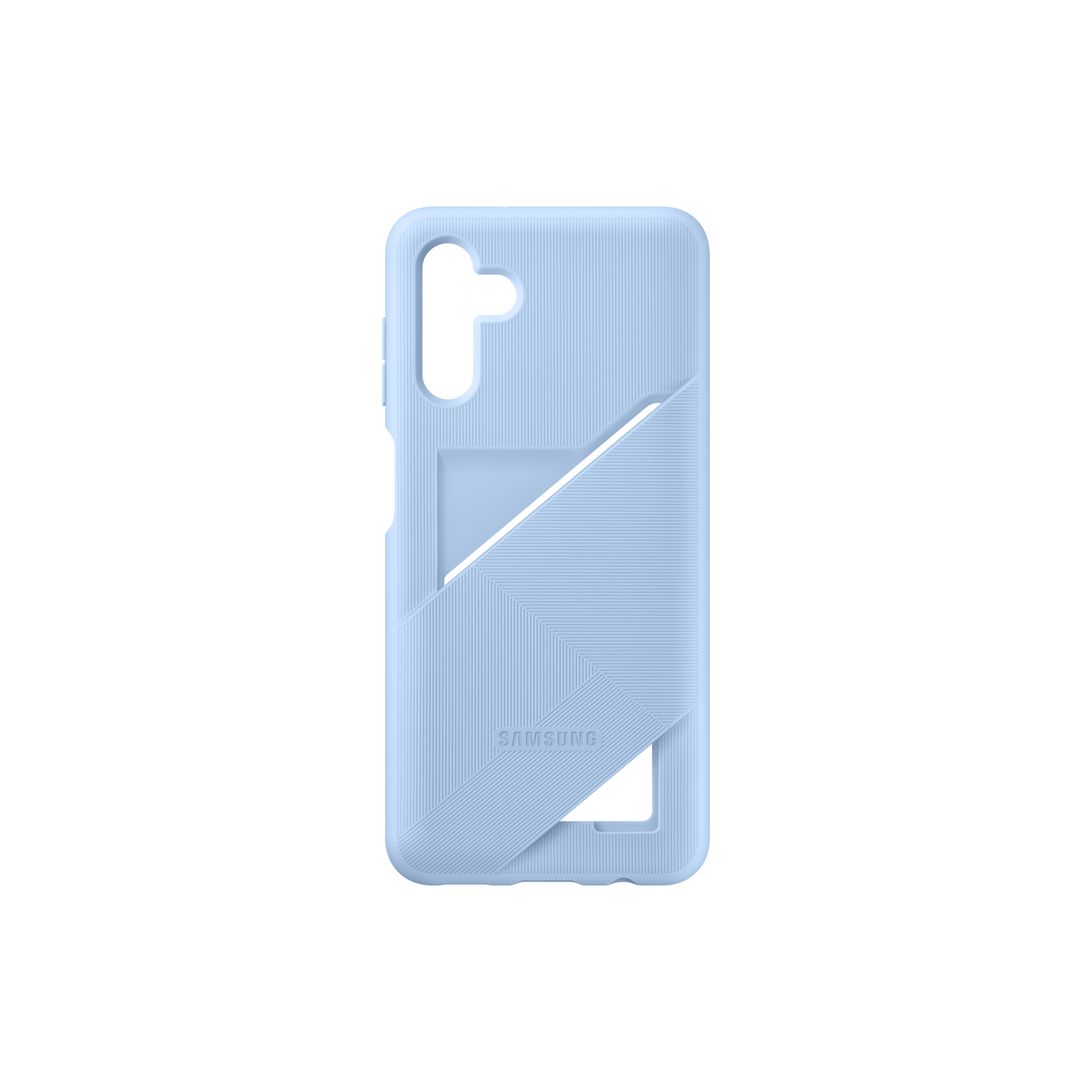 Funda de teléfono azul claro con un diseño diagonal sobre fondo negro.