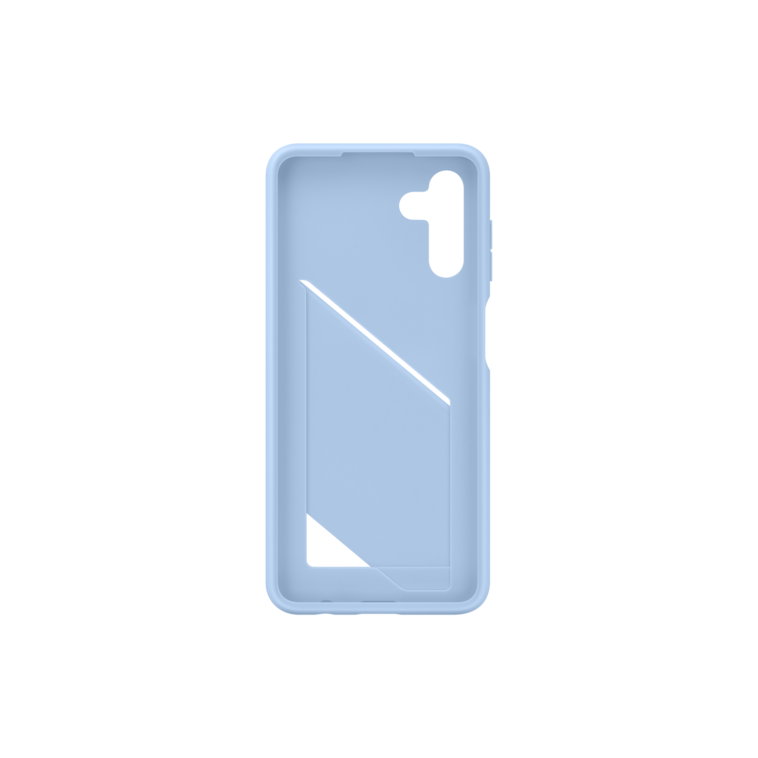 Funda de teléfono azul claro con ranura inclinada para tarjetas. Fondo negro.