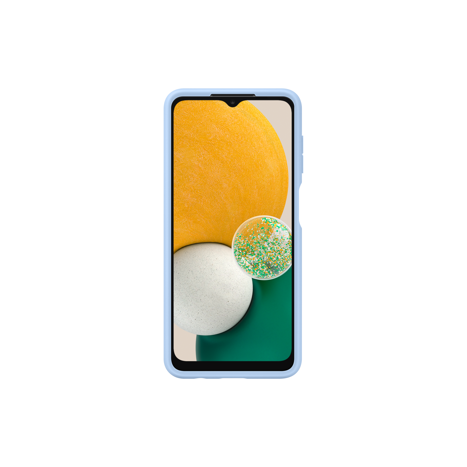 Un teléfono con una funda azul claro que muestra un diseño abstracto en la pantalla.