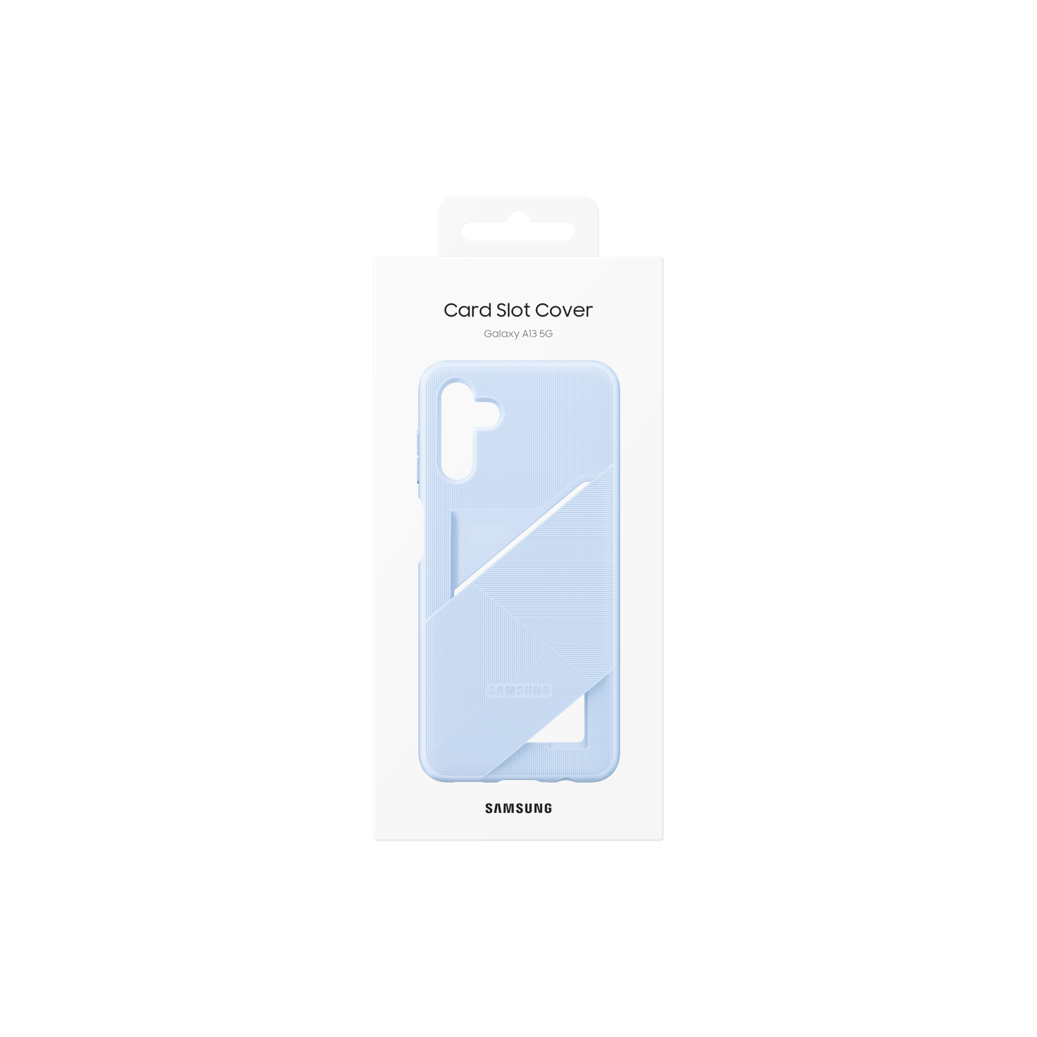 Funda de teléfono azul claro en una caja blanca. La funda tiene una cubierta para ranura de tarjeta.