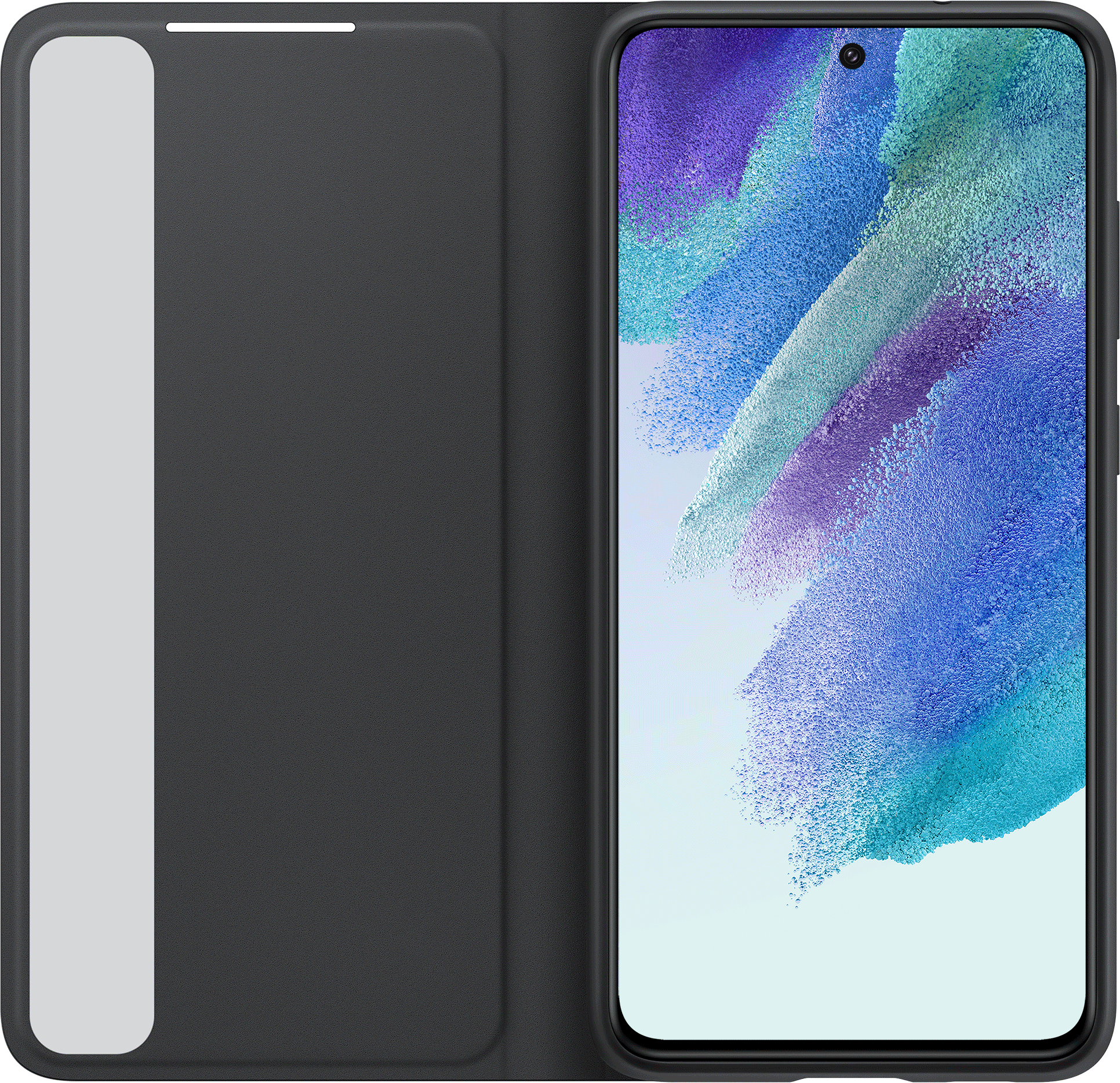 Schwarze Handyhülle, offen, mit Smartphone. Der Bildschirm zeigt Blau- und Lilatöne.