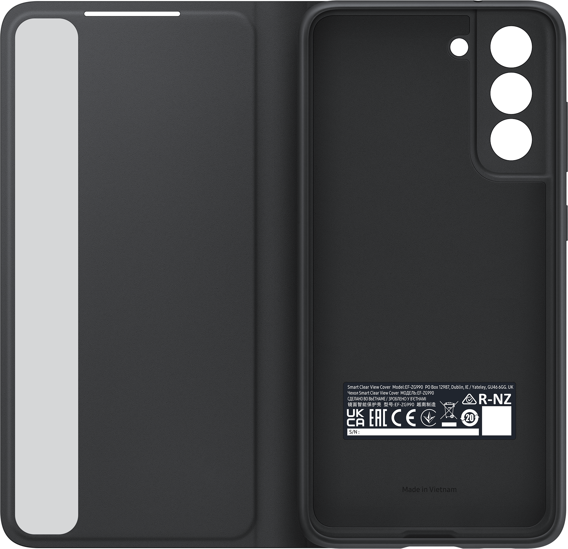 Telefonhülle mit einem Telefon darin. Die Hülle ist schwarz und die Rückseite des Telefons ist sichtbar.