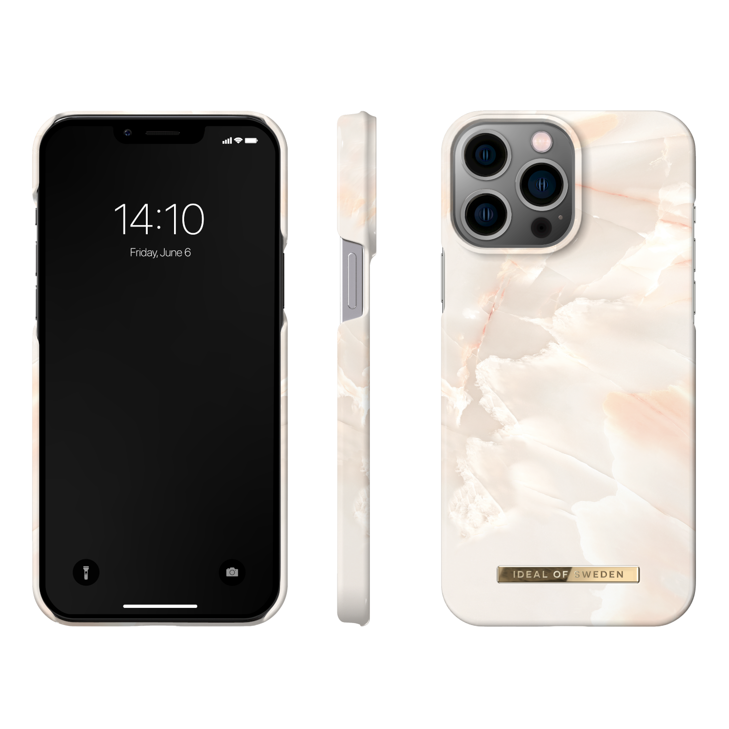 Bir iPhone'un üç görünümü. Ön kısım zamanı, yan görünümü ve mermer desenli arka kısmı gösterir.