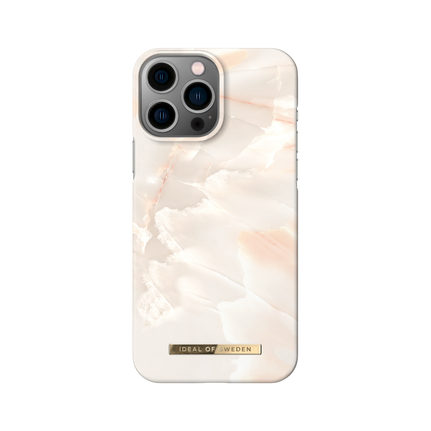 Krem ve pembe mermer desenli, üç kamera lensi görünen telefon kılıfı.