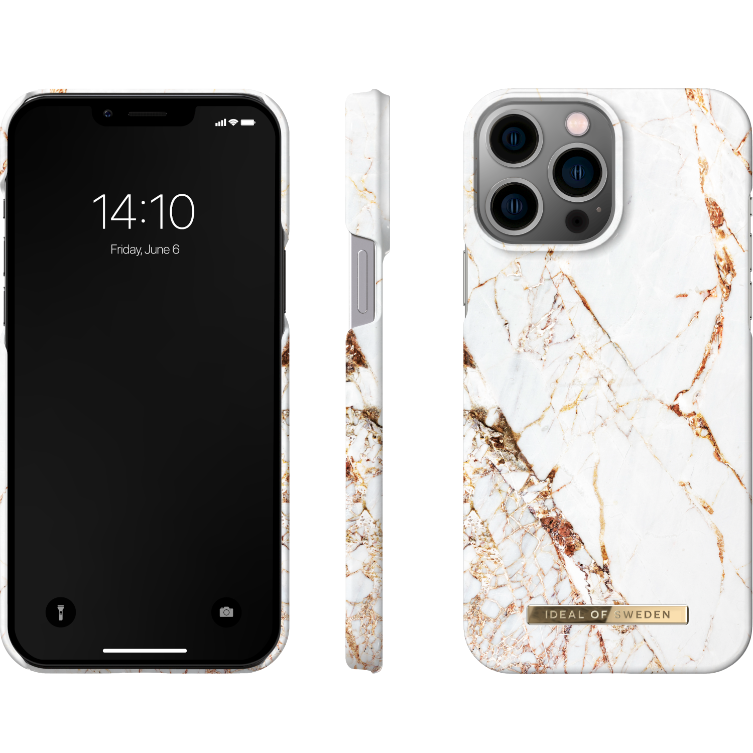 Drei Ansichten eines iPhones in einer Marmorhülle. Das Telefon zeigt Zeit und Datum auf dem Bildschirm.
