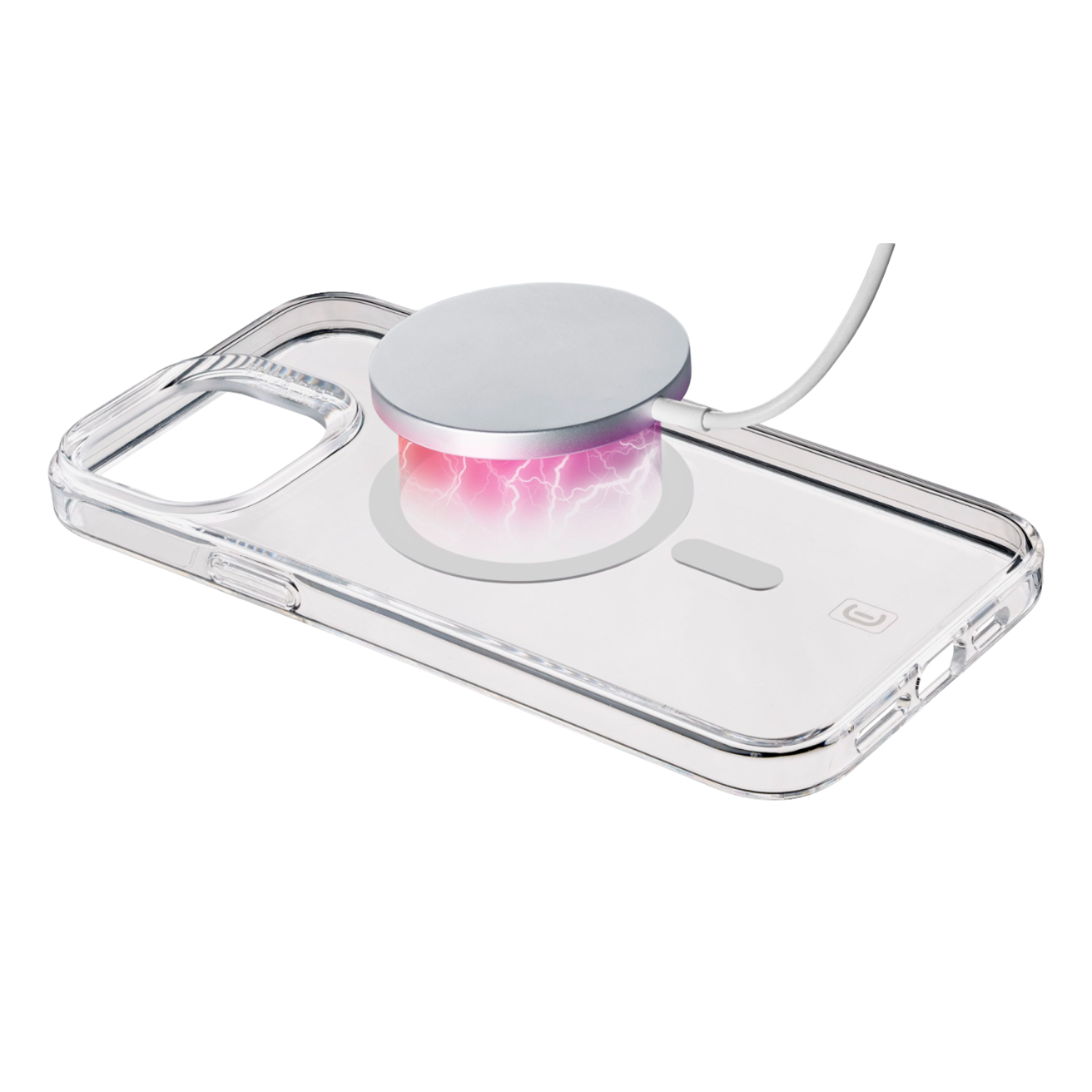 Una custodia trasparente per telefono con un pad di ricarica. Il pad è bianco con un design energetico rosa.