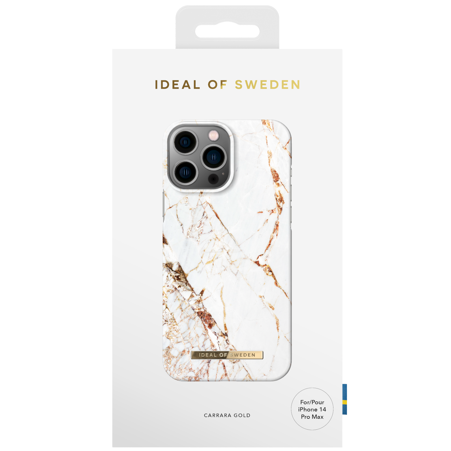 Handyhülle in Box. Marmordesign. Text: Ideal of Sweden, Carrara Gold, iPhone 14.