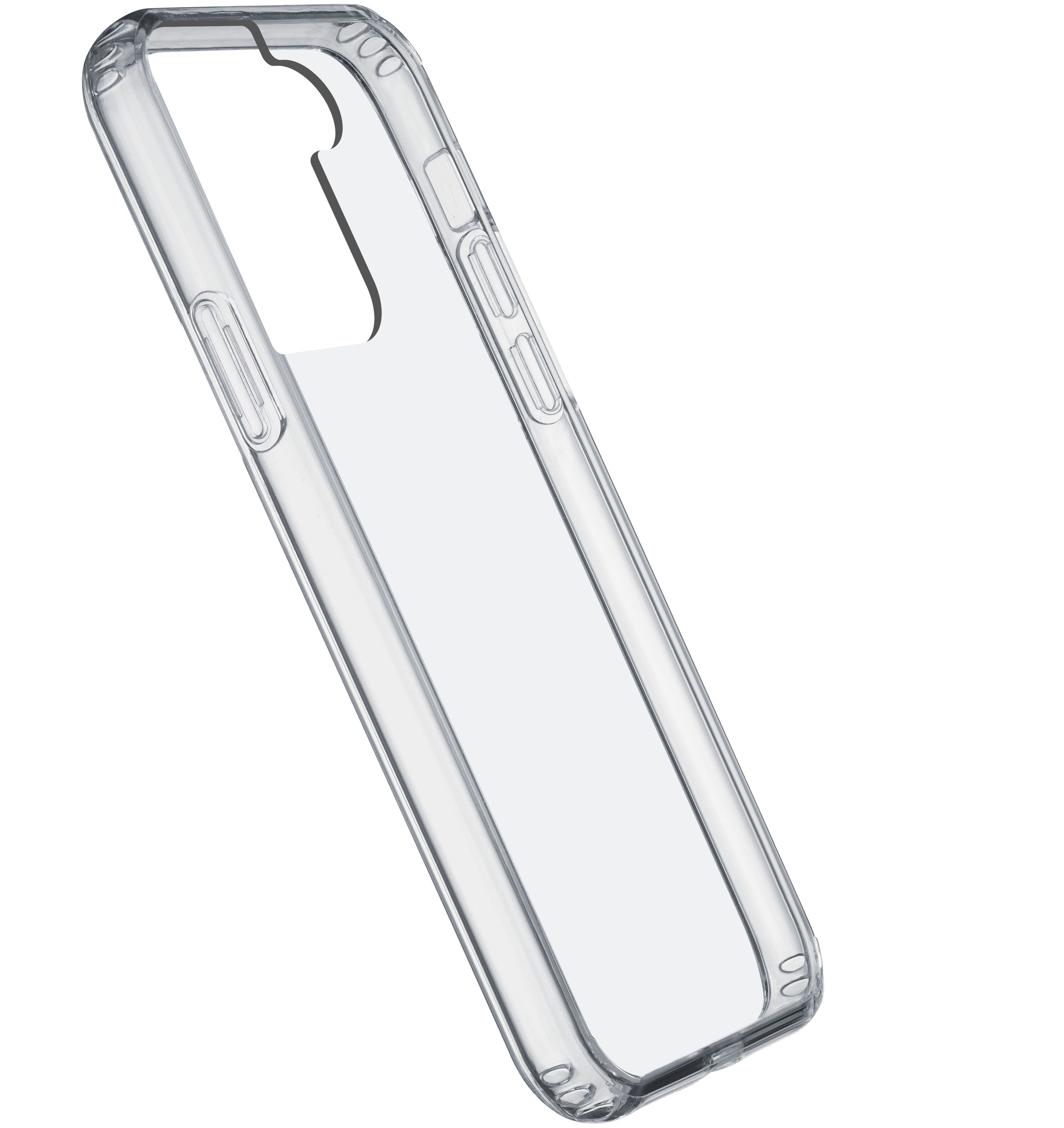 Custodia trasparente per telefono. Plastica trasparente, angolata. Sfondo bianco, spazio vuoto.
