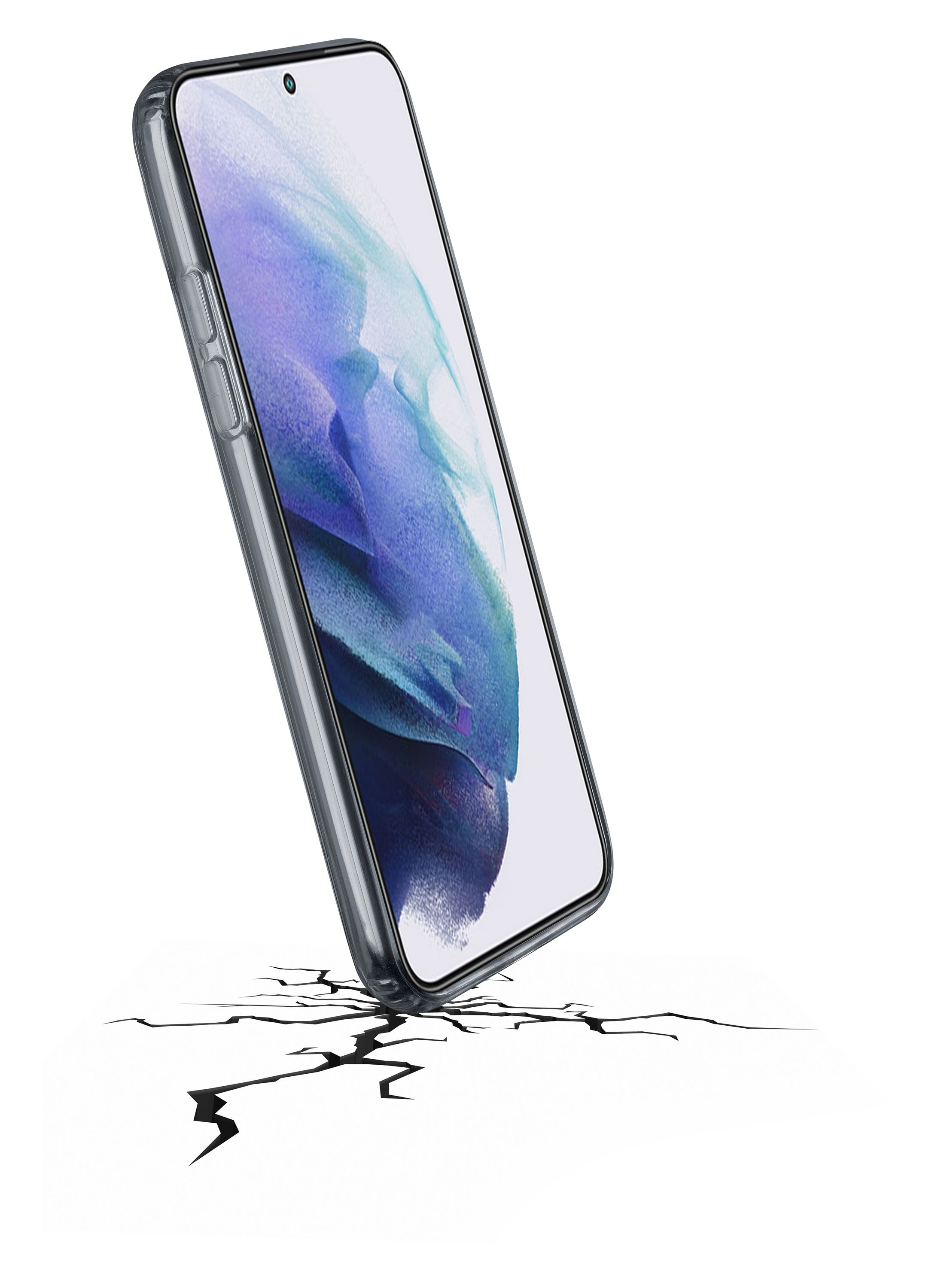 Uno smartphone appoggiato a terra, che sembra incrinare la superficie sottostante.