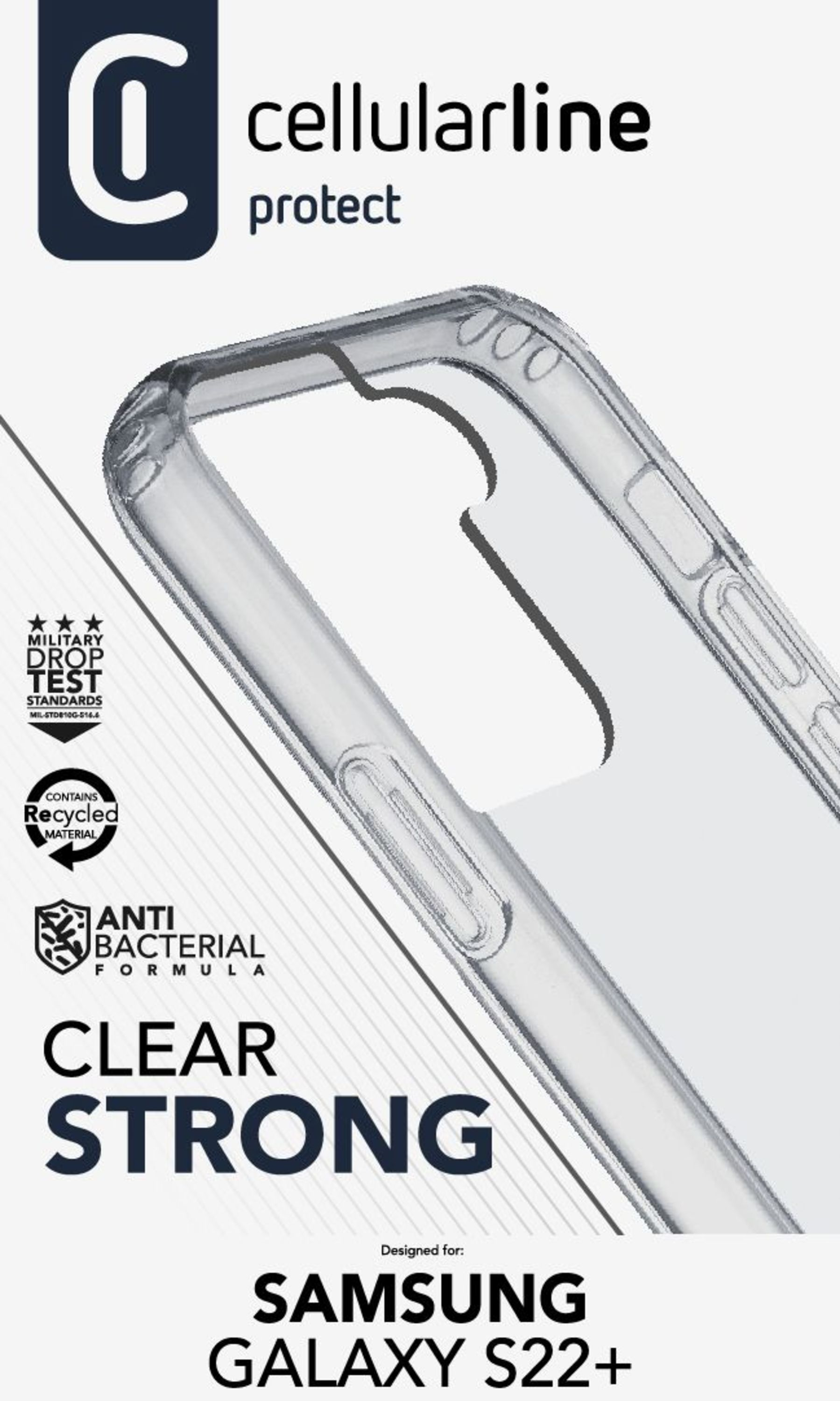 Una custodia trasparente per telefono con testo nero che ne descrive le caratteristiche. Per Samsung S22+.