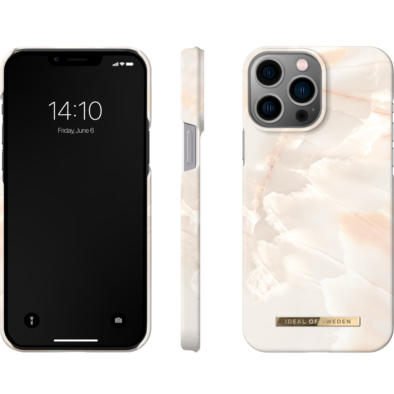 Drei Ansichten eines iPhones in einer marmorierten Hülle, die die Uhrzeit anzeigen.
