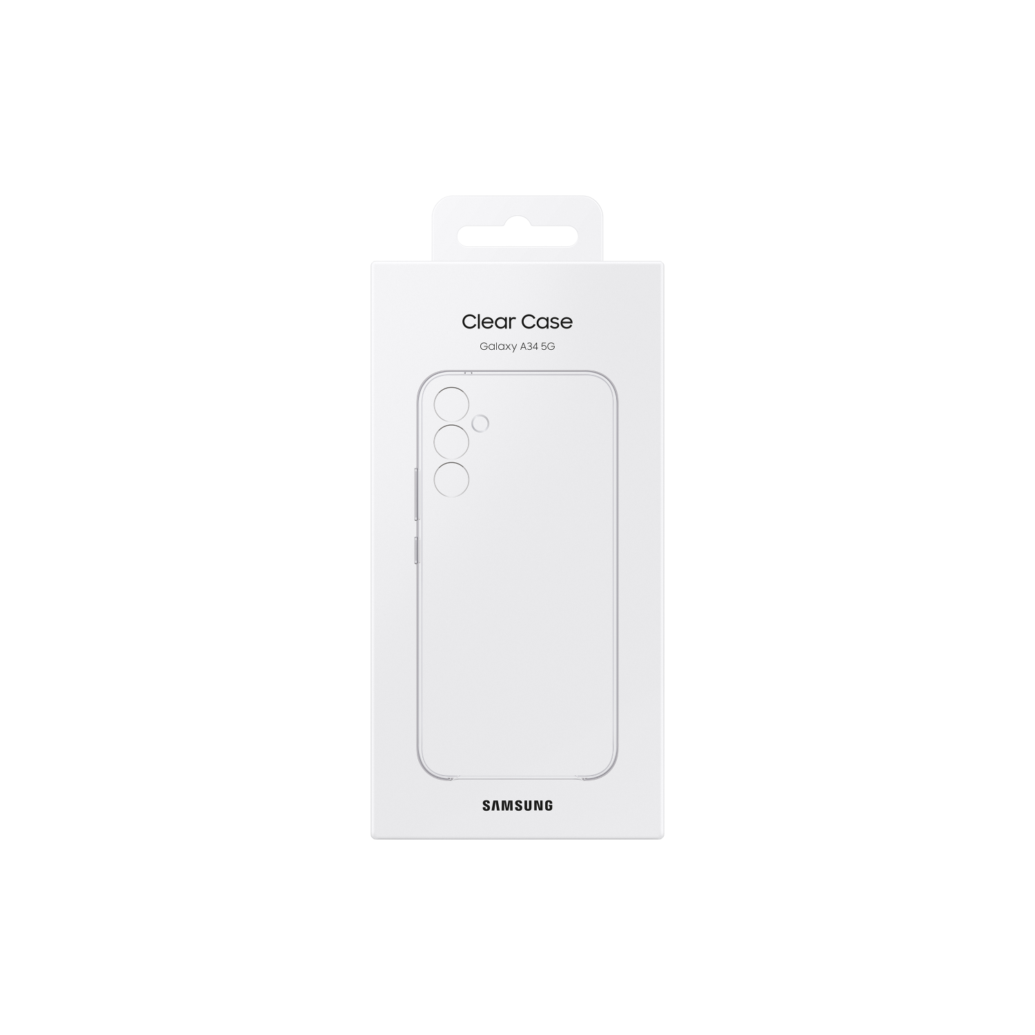 Witte doos met 'Clear Case' voor Galaxy A34 5G. Zwarte achtergrond.
