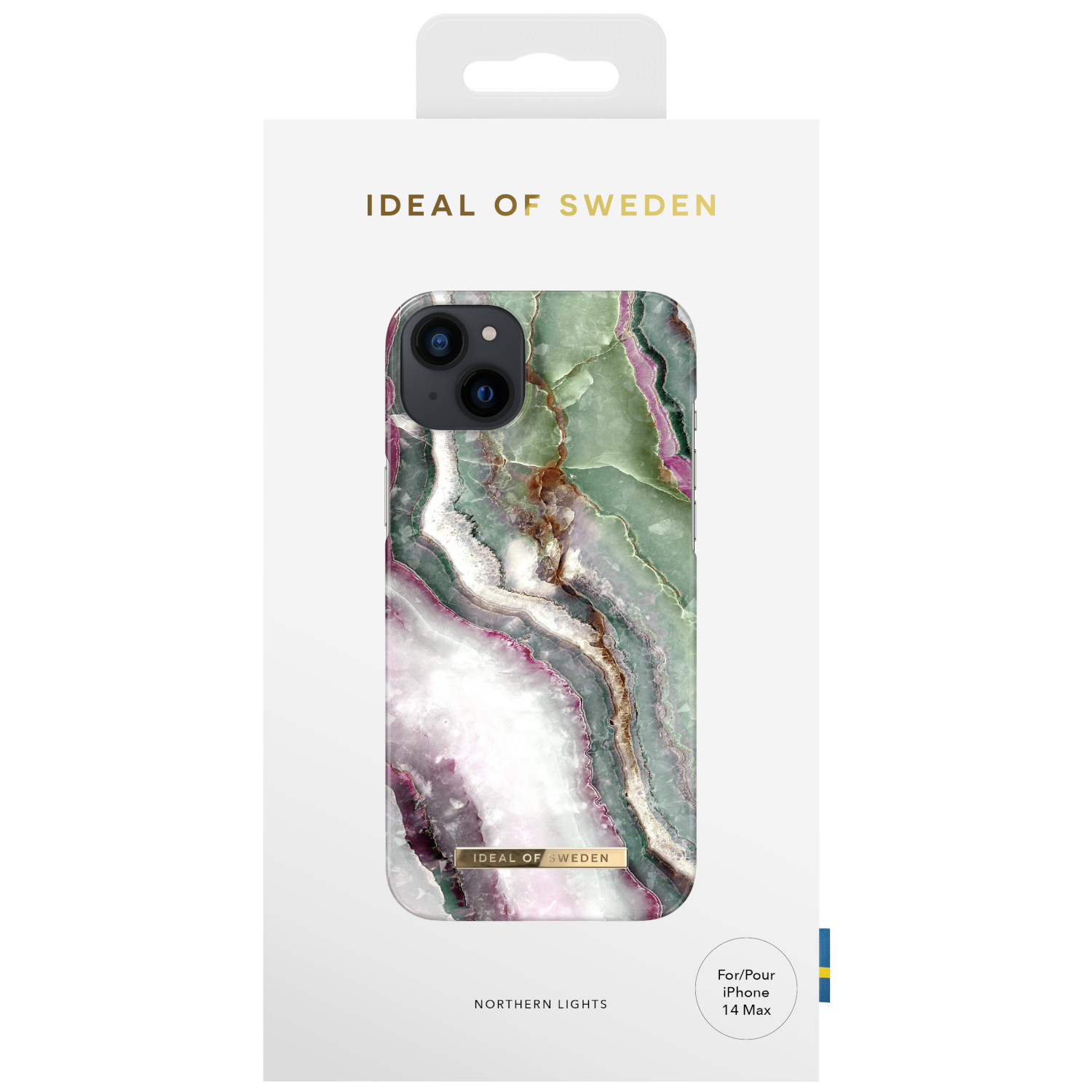 Eine Handyhülle mit Marmordesign in einer Box. Der Markenname ist Ideal of Sweden.