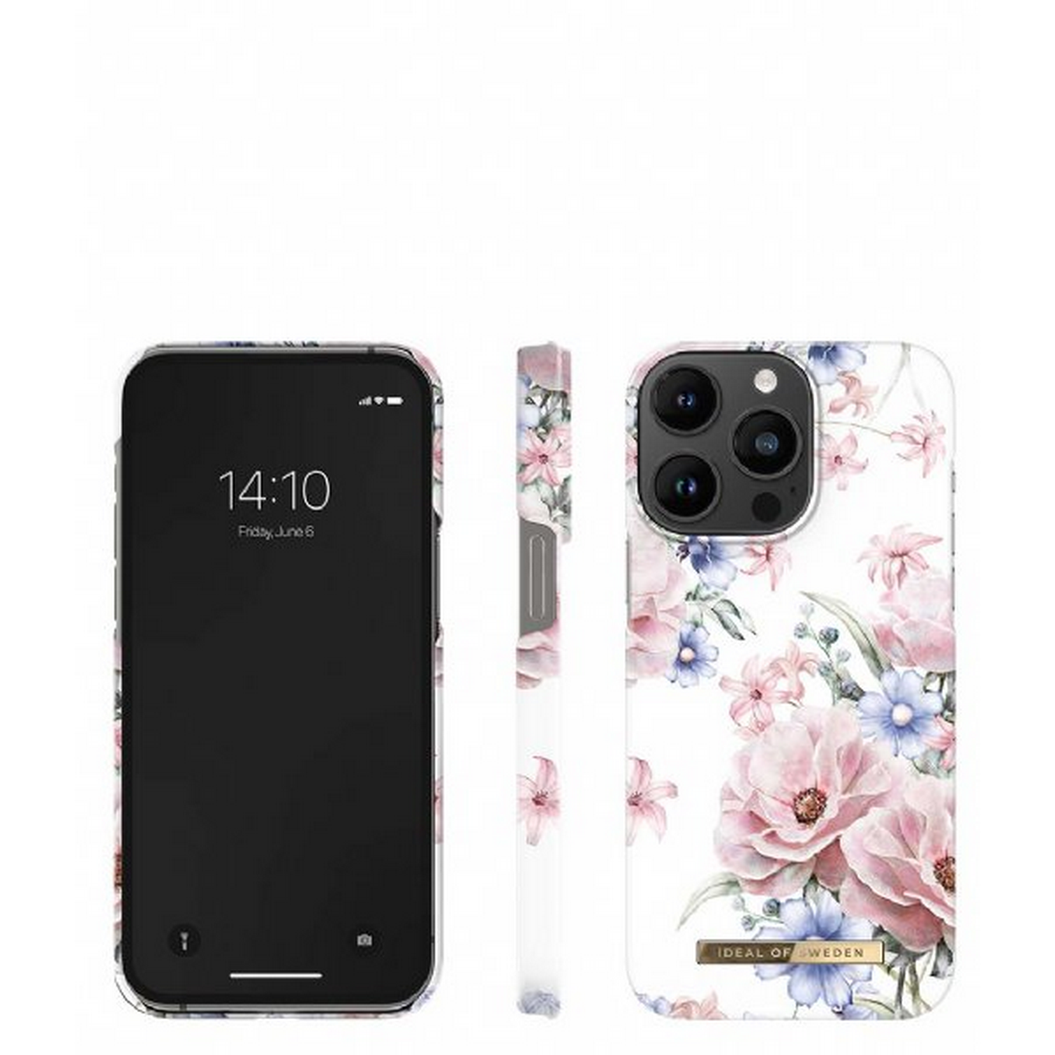 Blumen-Handyhülle mit Telefon links, Seitenansicht in der Mitte und Rückseite.