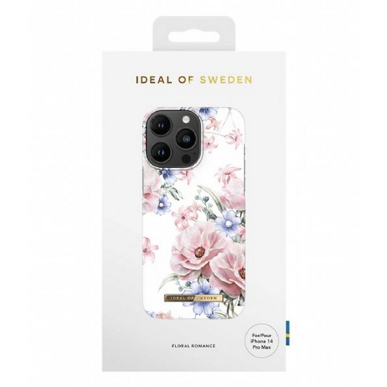 Eine Handyhülle in einer Box, mit floralem Design und weißem Hintergrund.