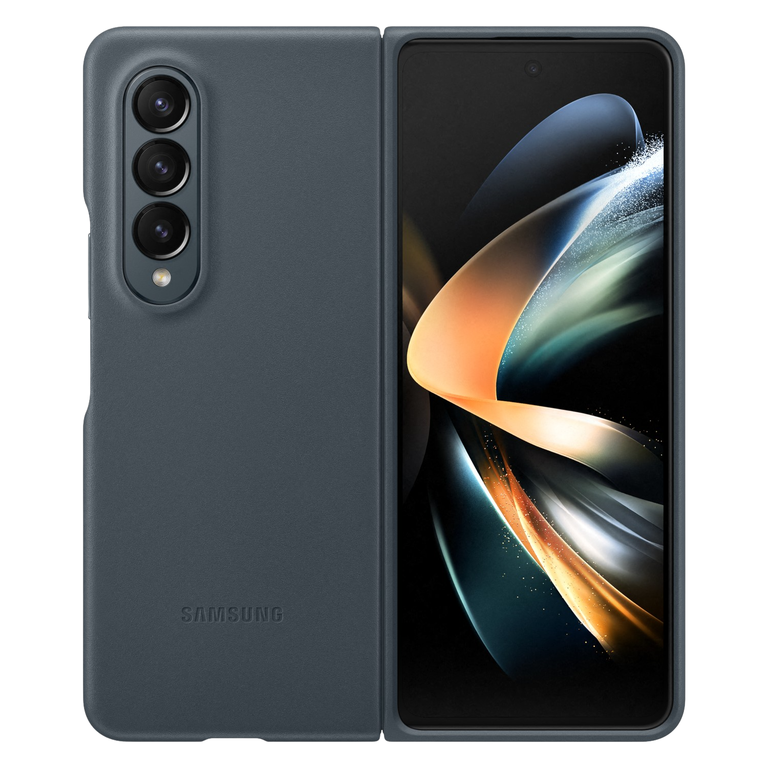 Teléfono Samsung azul-gris en una funda abierta. La pantalla muestra un diseño abstracto colorido.