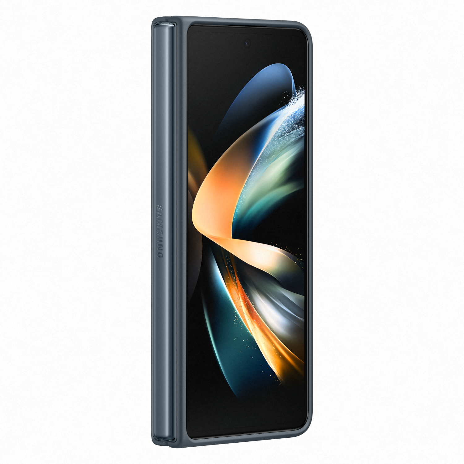 Smartphone azul plegable, cerrado. La pantalla es visible. El teléfono tiene un marco plateado y fondo oscuro.