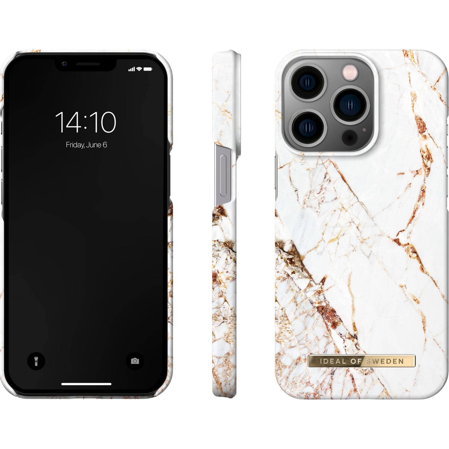 Mermer kılıflı iPhone, ön, yan ve arka gösterimi. Arka kısımda kameralar ve marka.