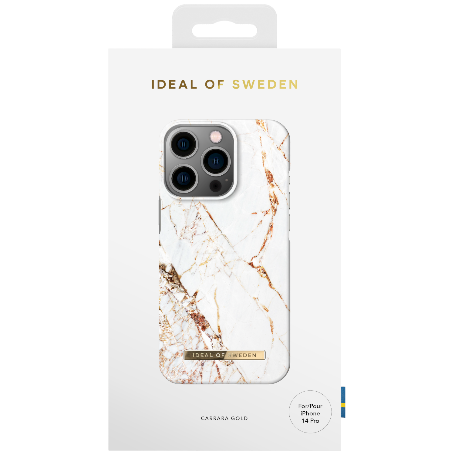 Bir telefon kılıfı bir kutuda. Kılıf, altın vurgularla beyaz mermerdir. Kutuda Ideal of Sweden yazıyor.