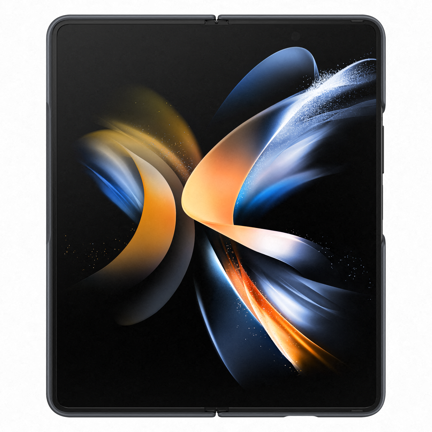 Składany telefon z czarną obudową zewnętrzną i żywą, abstrakcyjną tapetą. Ciemne tło.