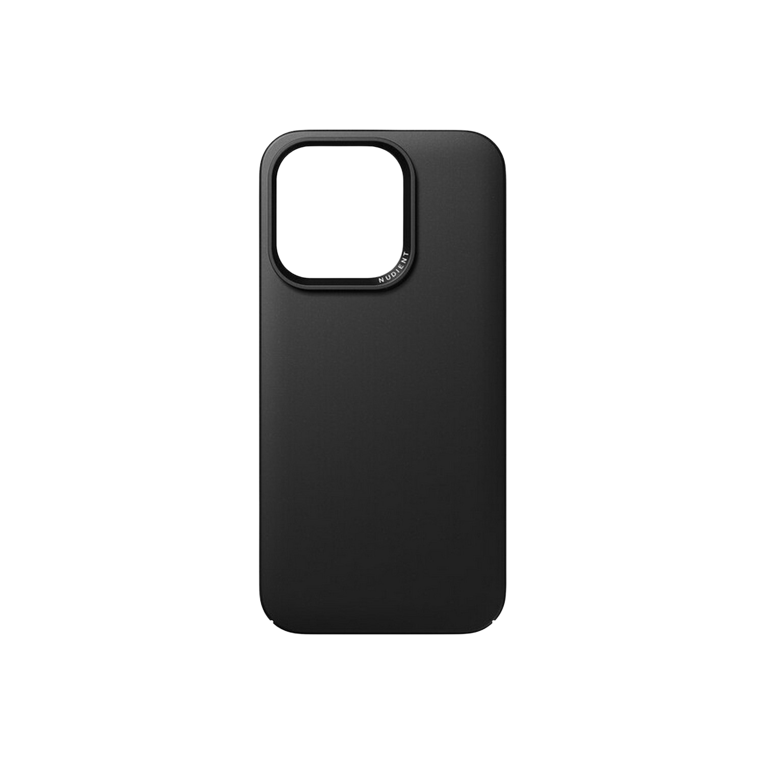 Coque de téléphone noire avec une grande découpe pour l'appareil photo et 'Nudient' écrit. Fond noir.