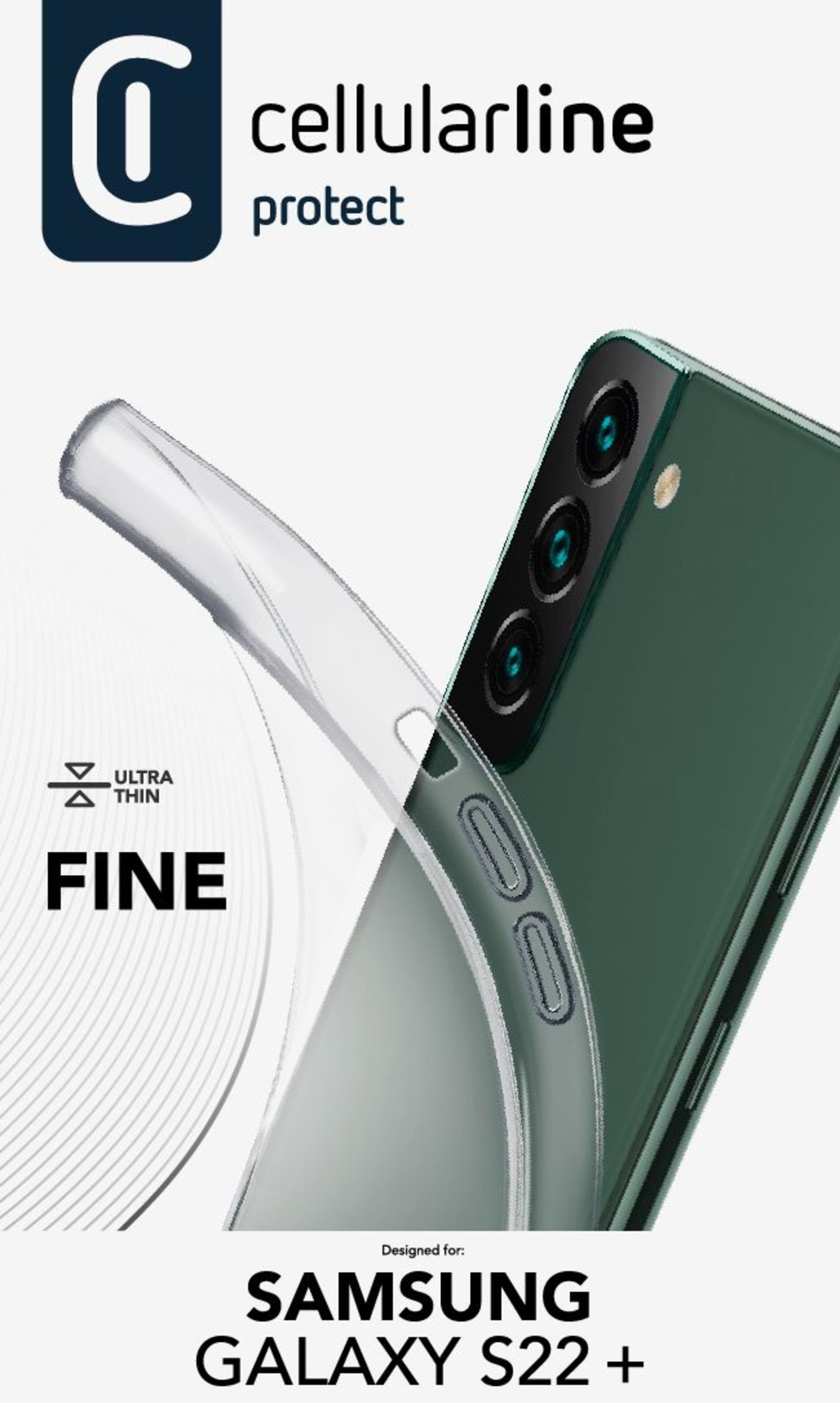 Custodia trasparente su un telefono verde, con logo e testo Cellularline, per Samsung S22+.