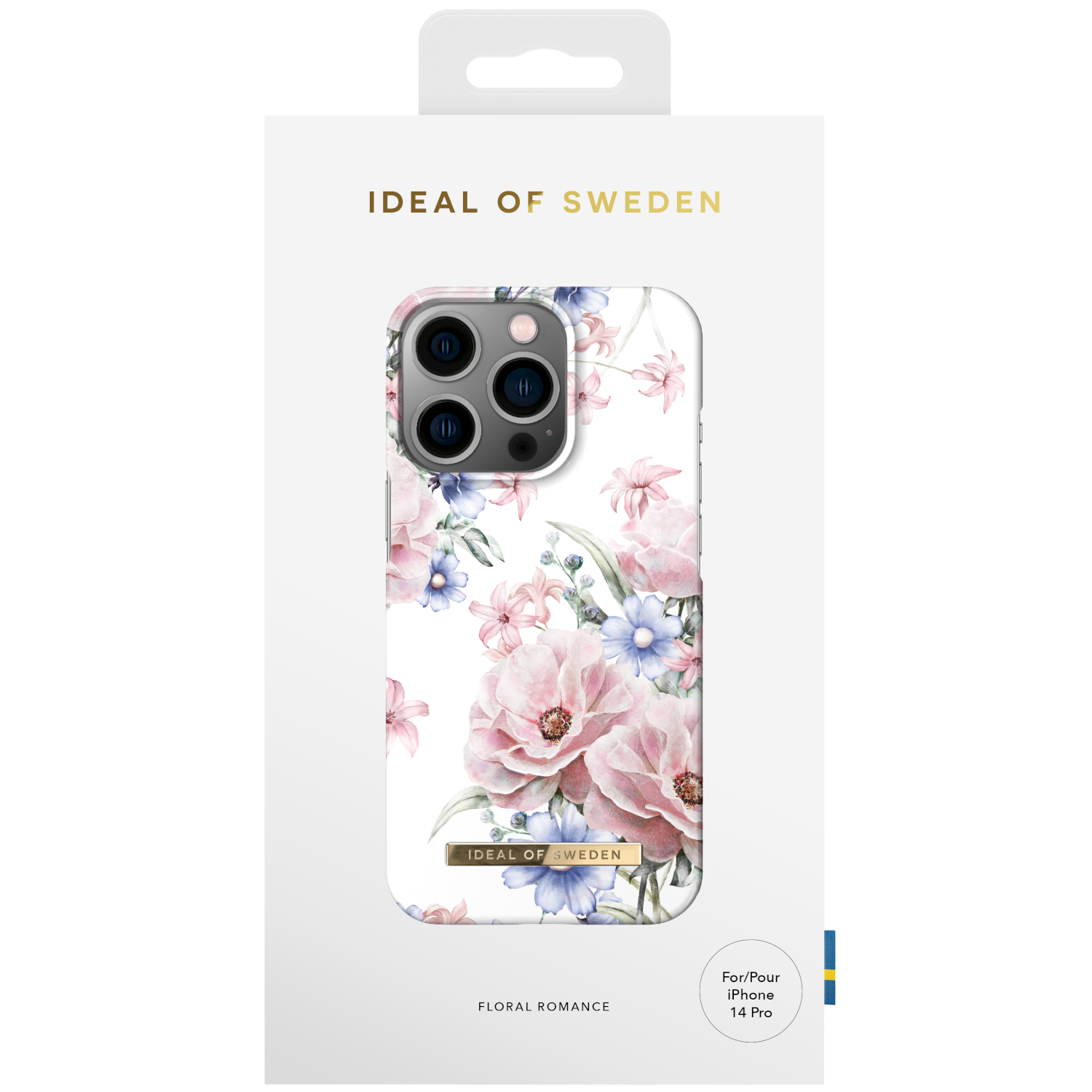 Handyhülle mit Blumendesign. Die Handyhülle befindet sich in einer weißen Box mit dem Markennamen: 'IDEAL OF SWEDEN'.