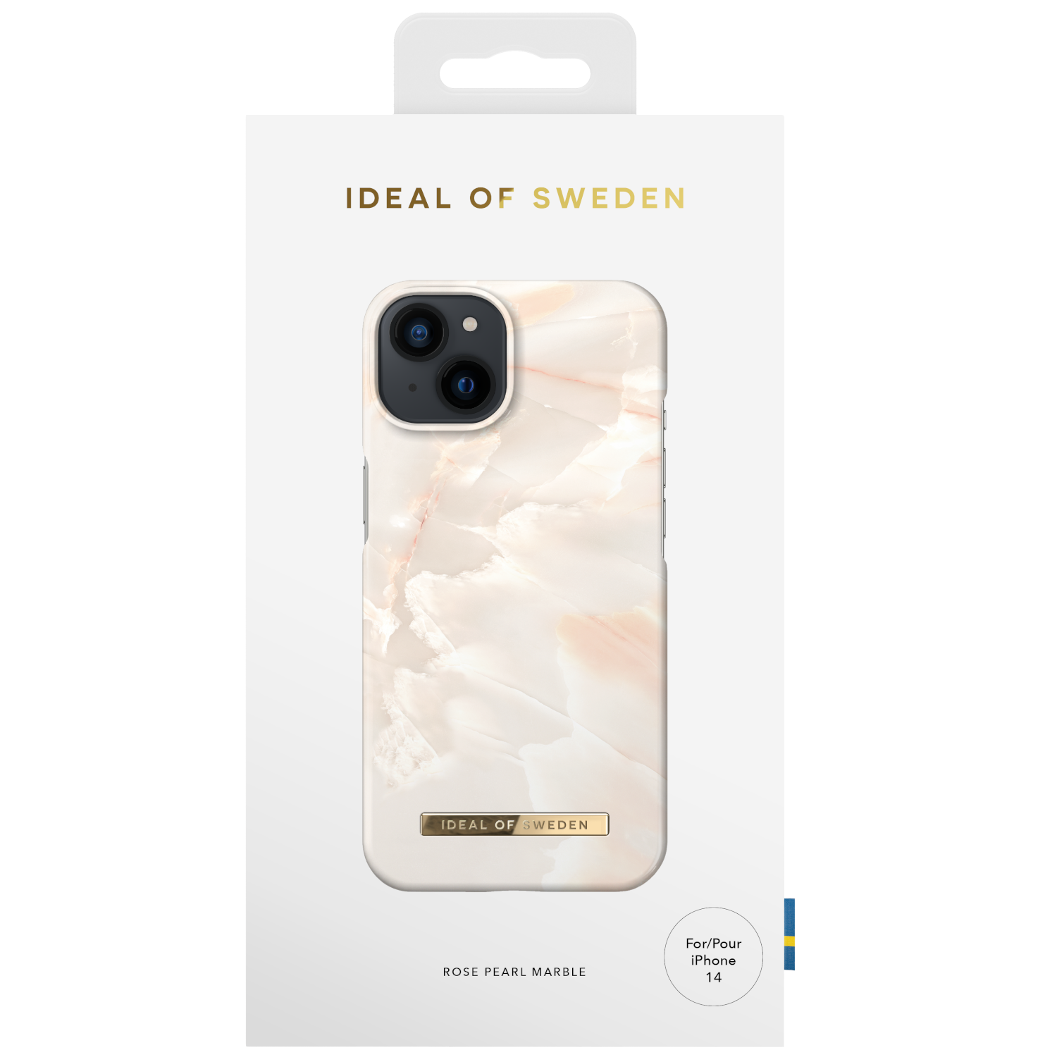 Rosenperlmarmor-Handyhülle in einer weißen Box. Hülle ist für ein iPhone 14. Marke: IDEAL OF SWEDEN.