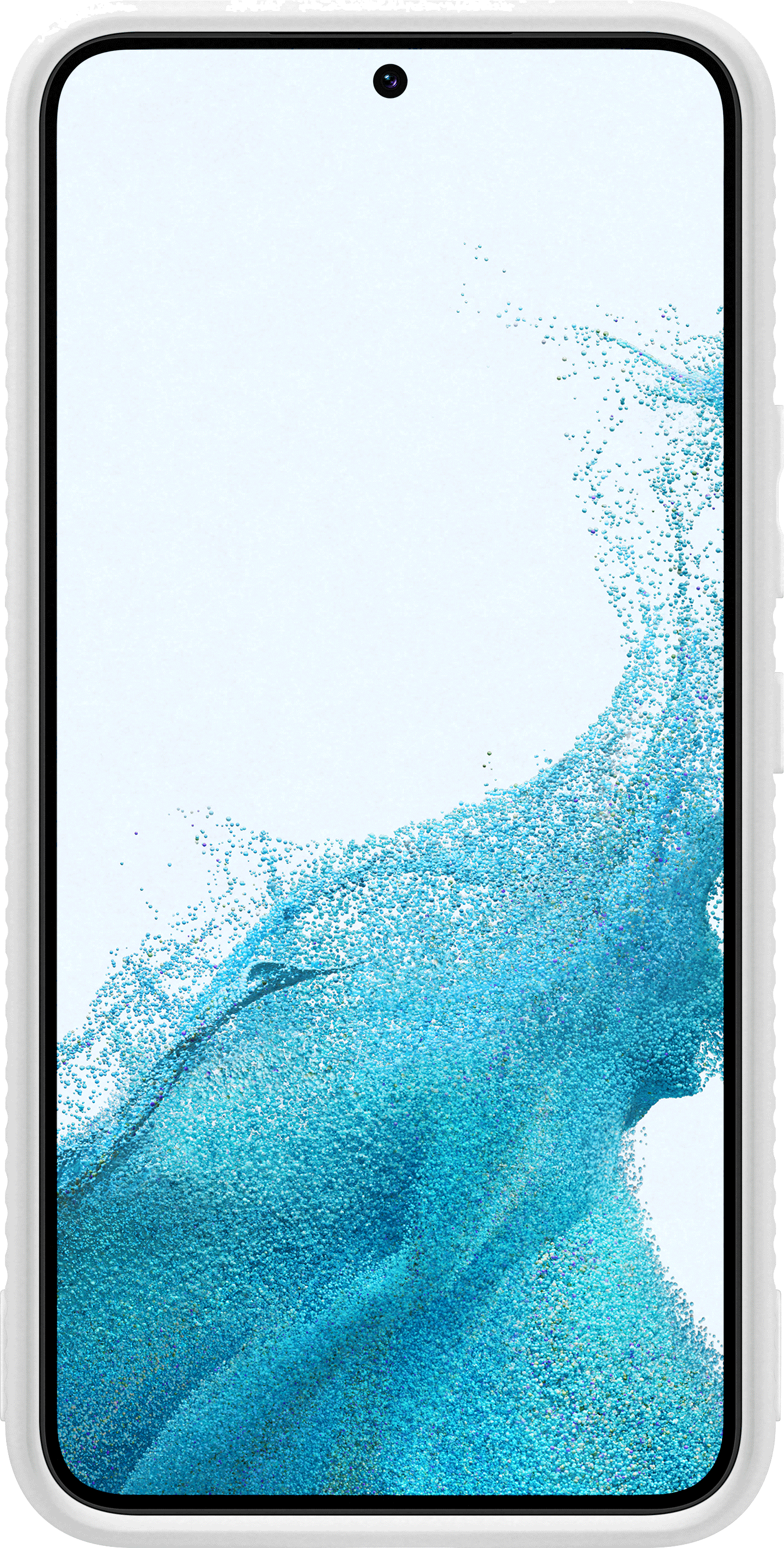 Smartphone blanco con pantalla completa que muestra arte abstracto azul y blanco.