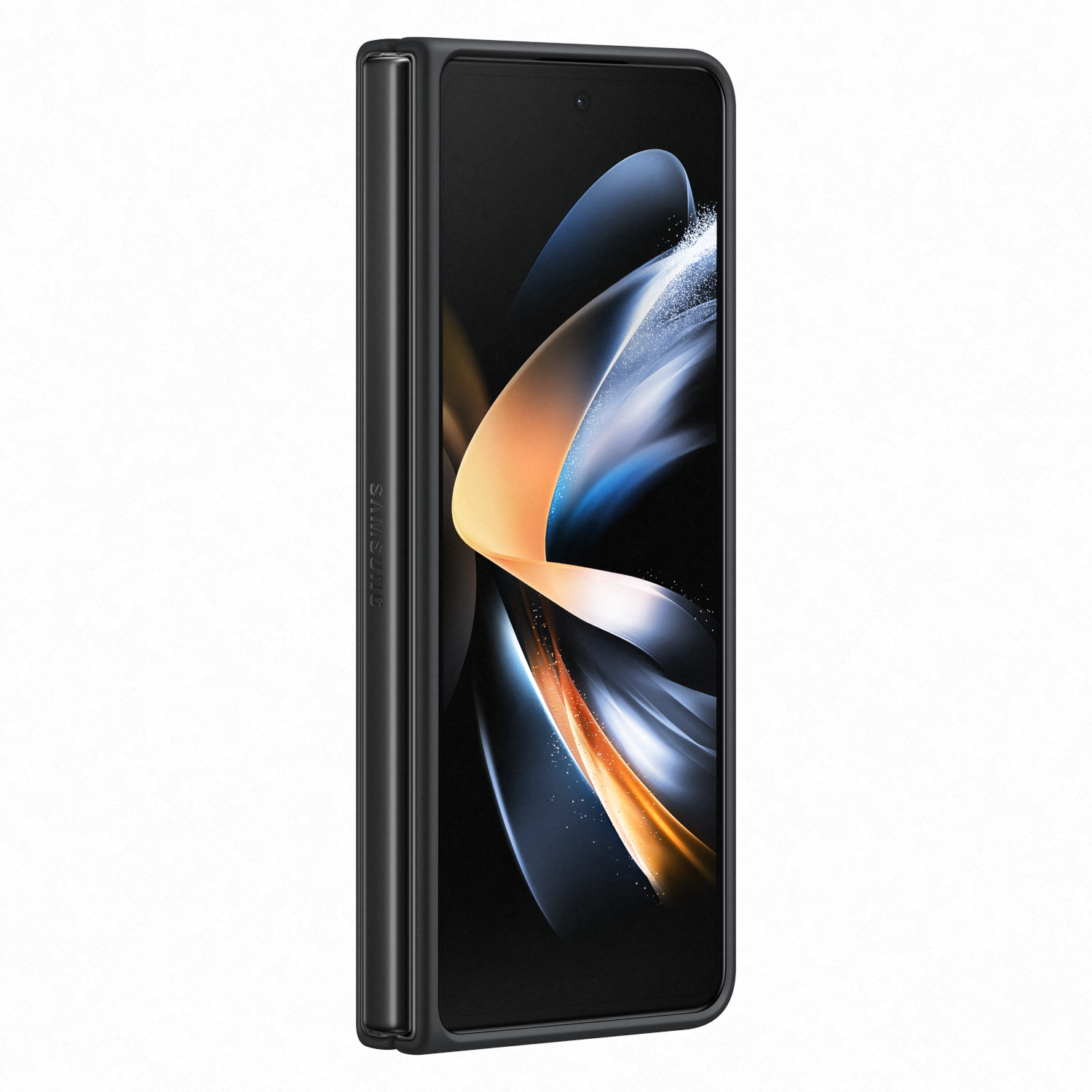 Teléfono Samsung negro en una funda, con un lápiz óptico insertado, mostrando la pantalla.