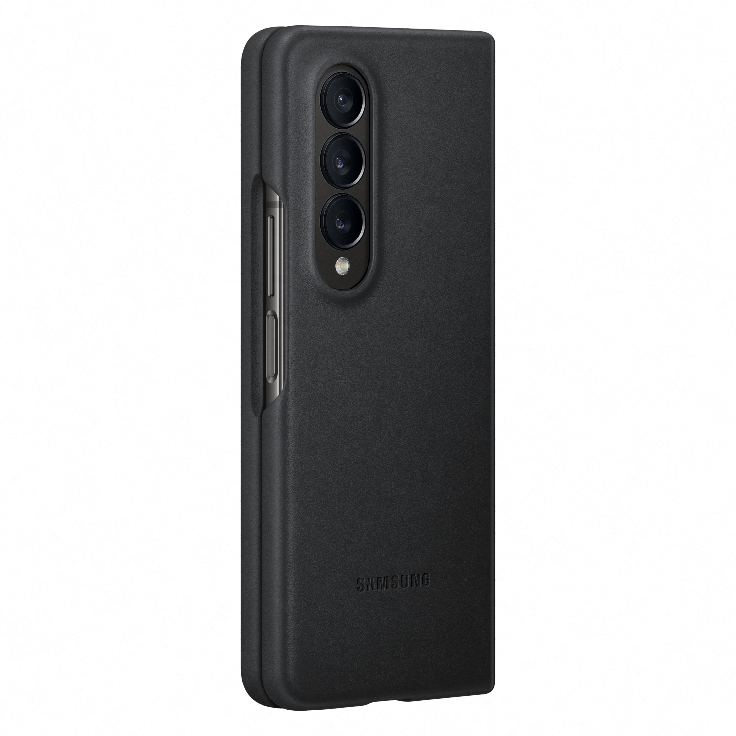 Funda negra para teléfono Samsung con triple cámara. La marca es visible. La funda está cerrada.