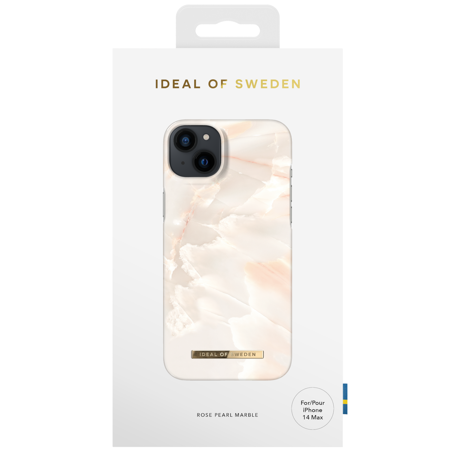 Telefonhülle in einer Box. Die Hülle ist weiß mit Marmordesign.