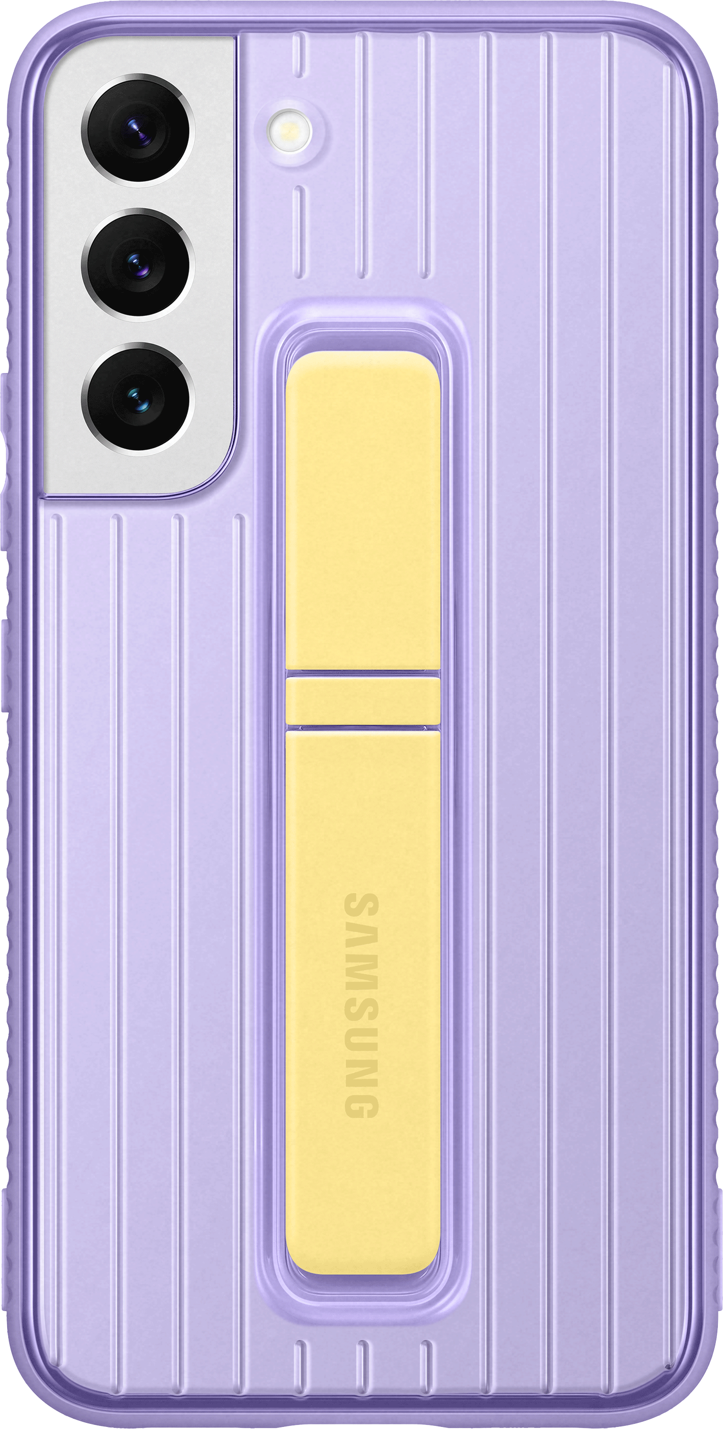 Lilafarbenes Handycase mit gelbem Ständer und Samsung-Branding, vertikale Linien.