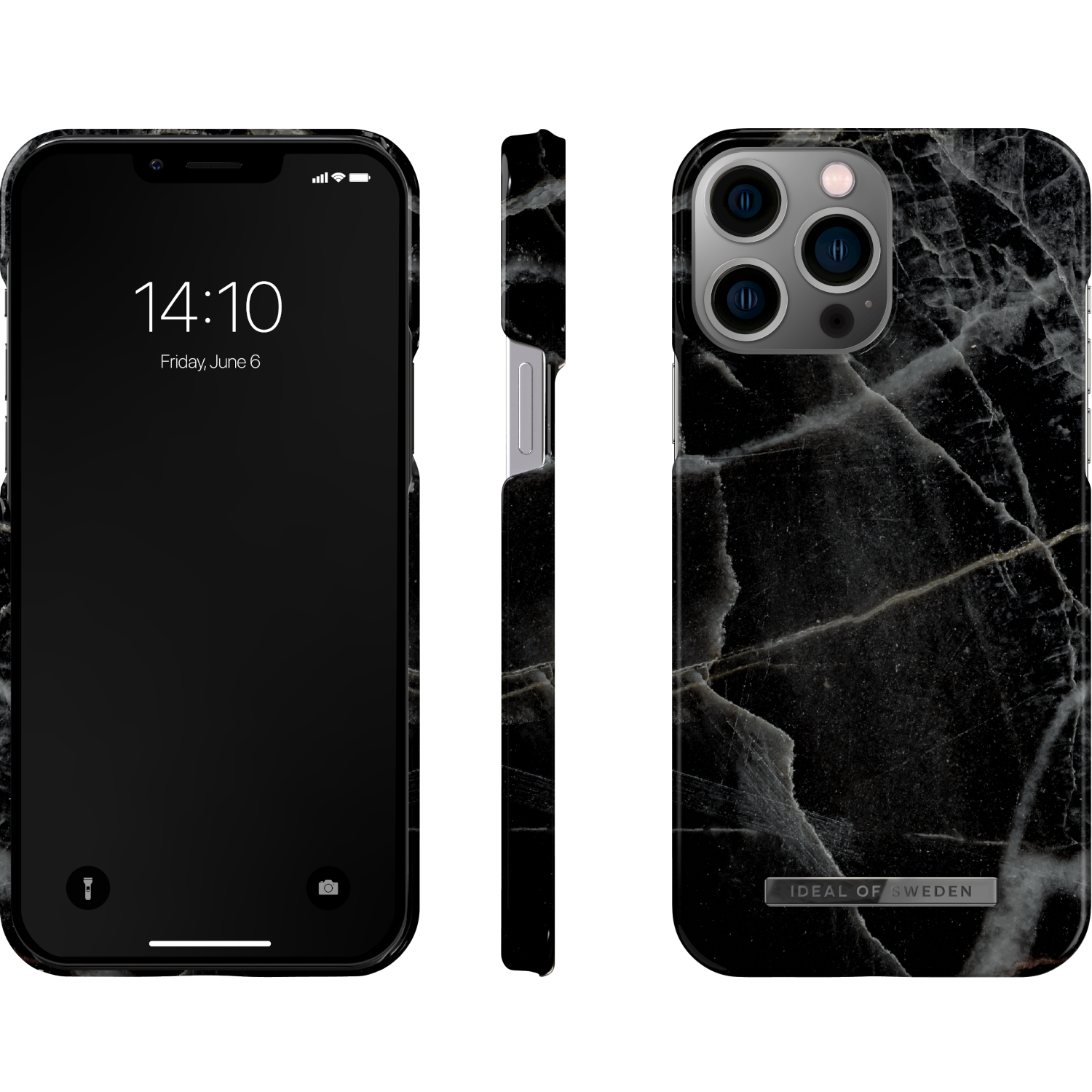 Telefon in schwarzer Marmorhülle, zeigt Uhrzeit und Datum.