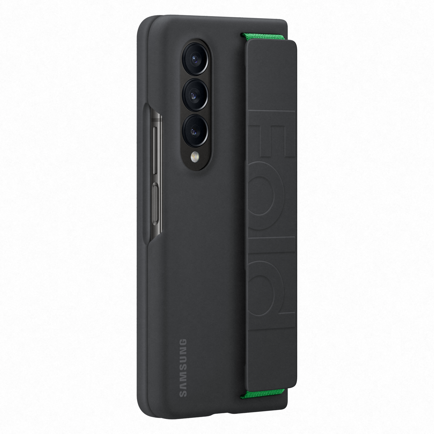 Schwarze Handyhülle mit einem Samsung-Handy. Die Hülle hat einen Riemen mit dem Wort FOLD.