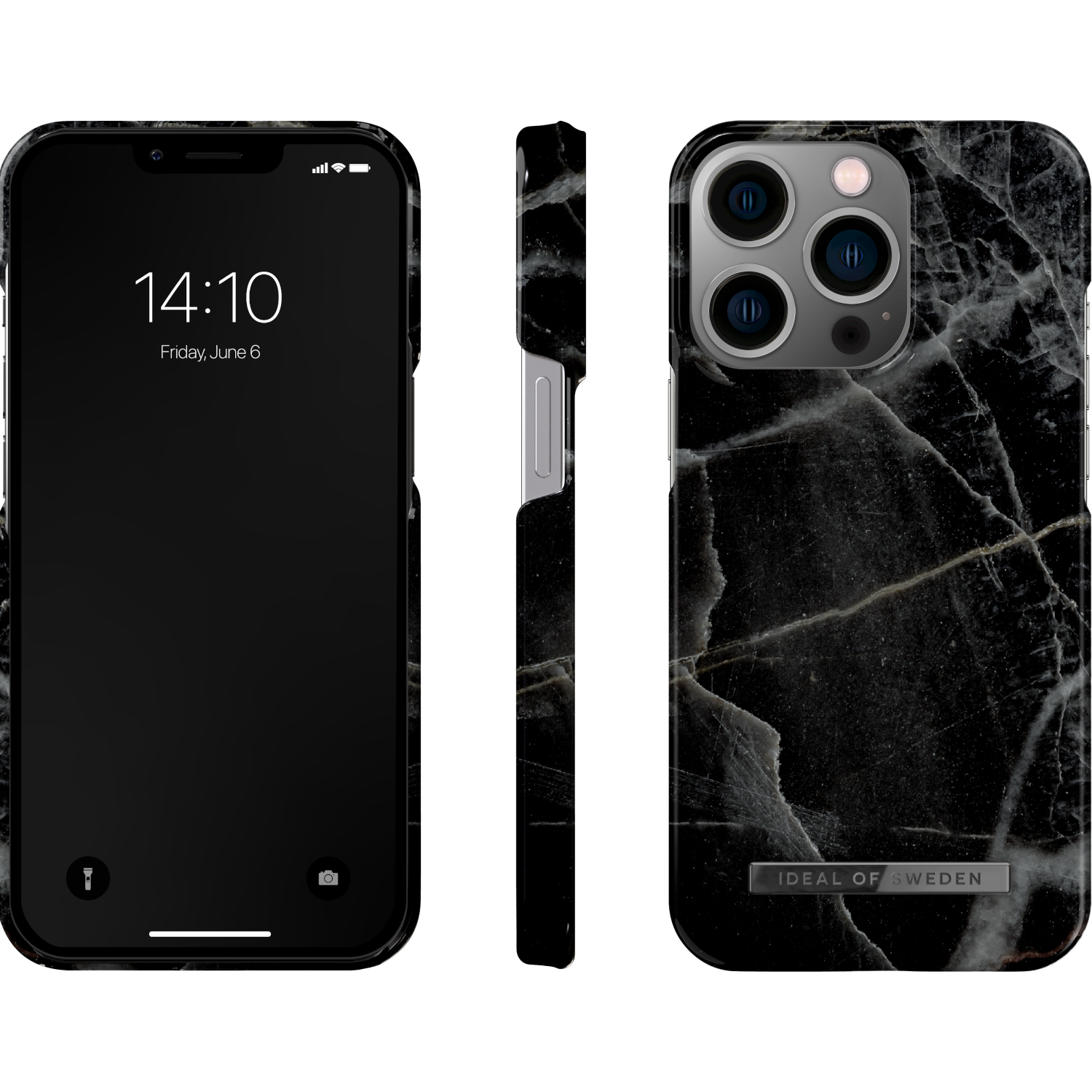 Siyah mermer telefon kılıfı. Telefon ekranı saati ve tarihi gösterir. Kılıf takılı telefonun üç görünümü.