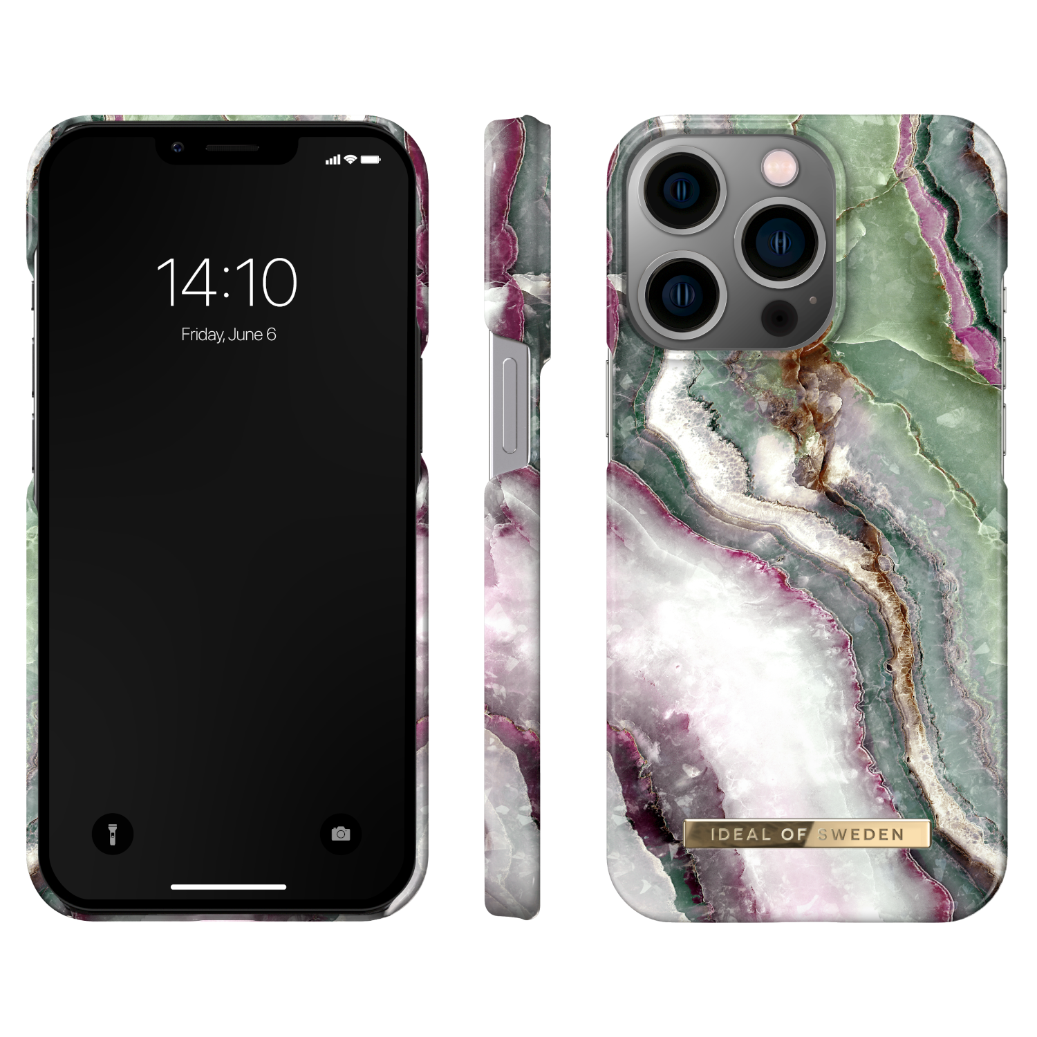 Ein iPhone mit Marmor-Hülle, zeigt Vorder-, Seiten- und Rückansicht. Der Bildschirm zeigt die Uhrzeit.