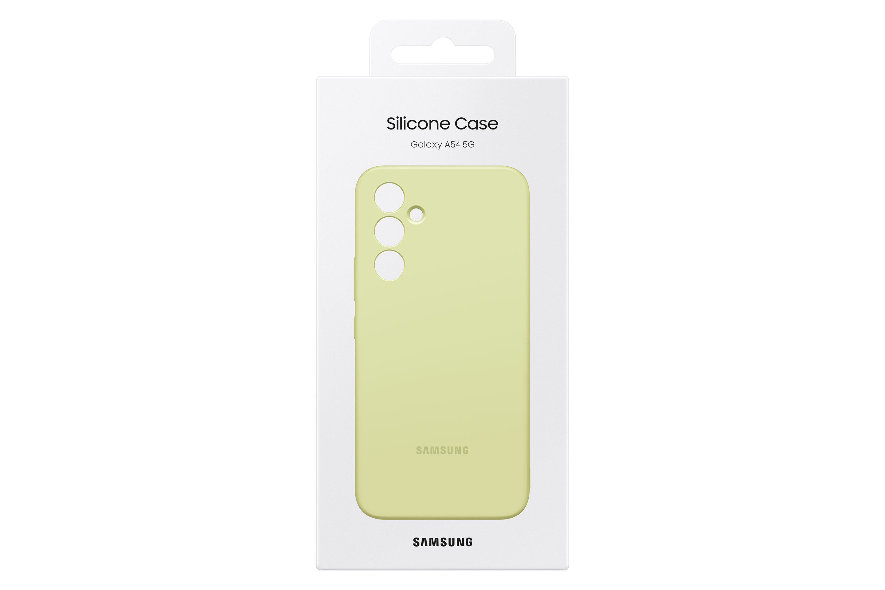De verpakking van een telefoonhoesje, met het label 'Siliconen hoesje' voor een Galaxy A54 5G.