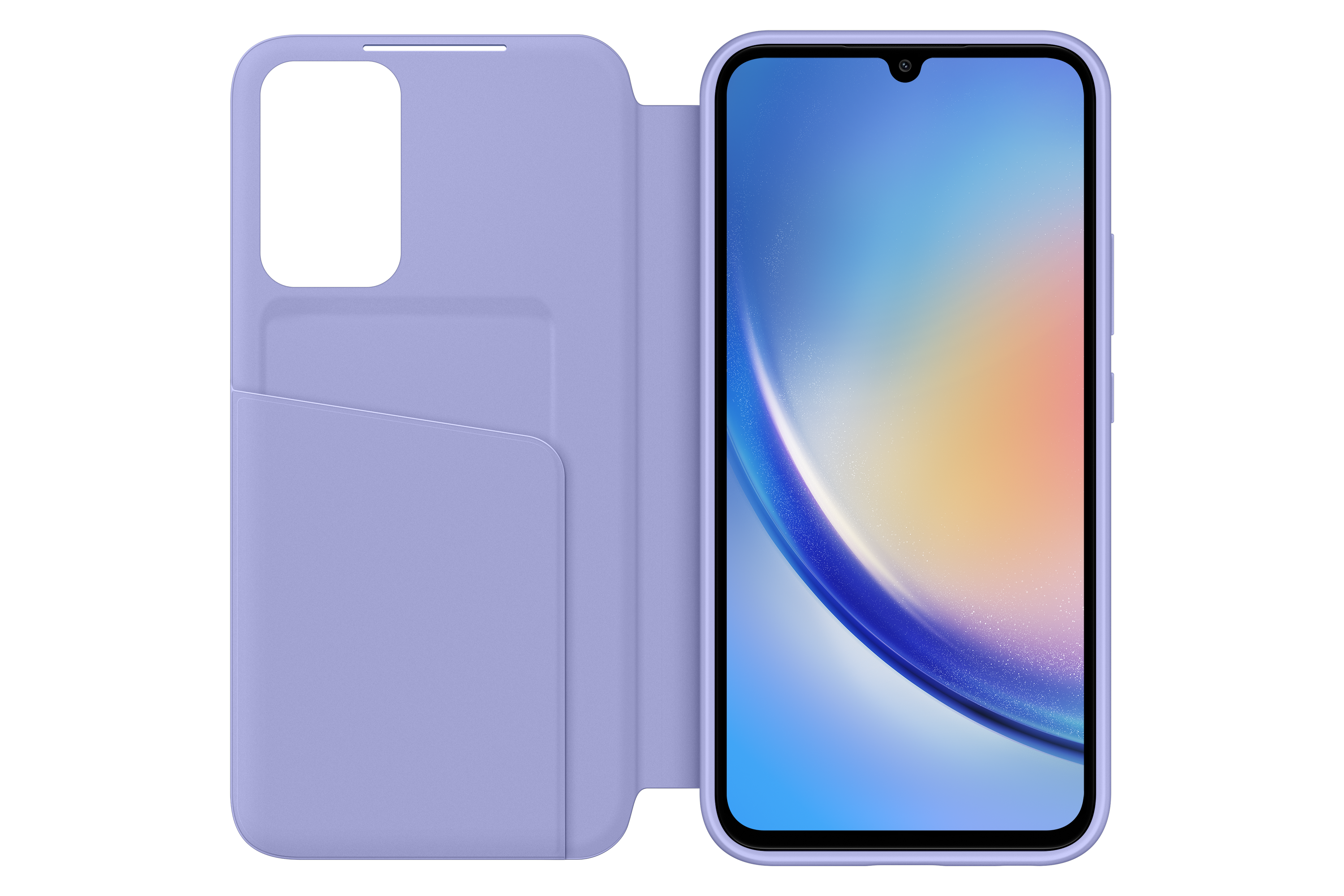 Geöffnete lavendelfarbene Handyhülle mit Telefon. Es gibt eine Tasche für Karten.