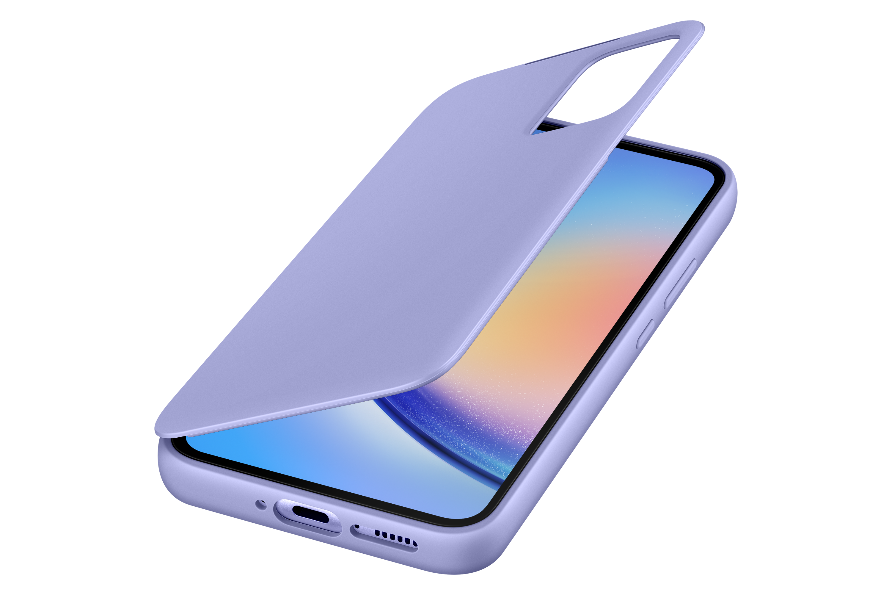 Eine lila Handyhülle mit einem leicht geöffneten Handy darin.