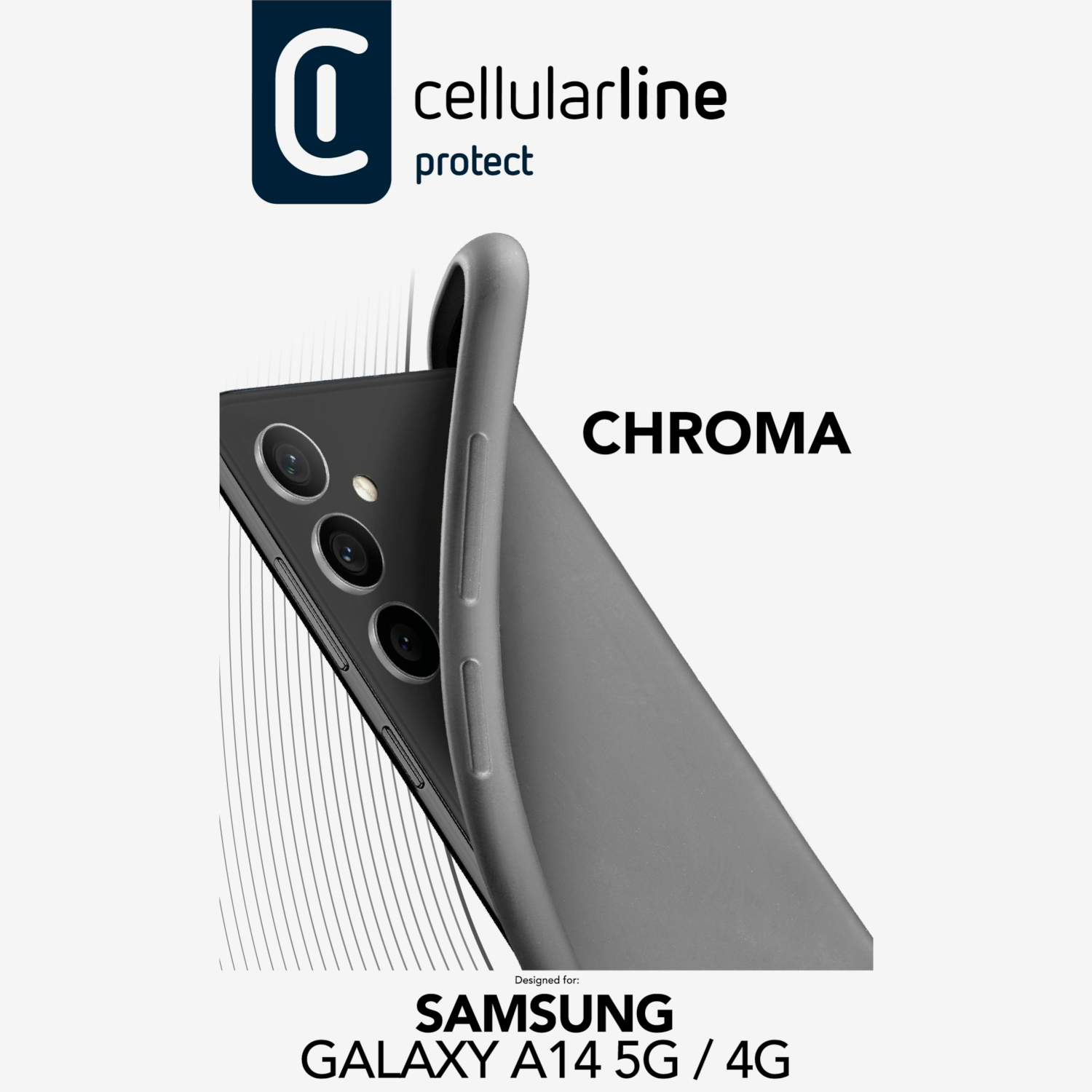 Telefon in grauer Hülle, Cellularline-Marke, Chroma.
