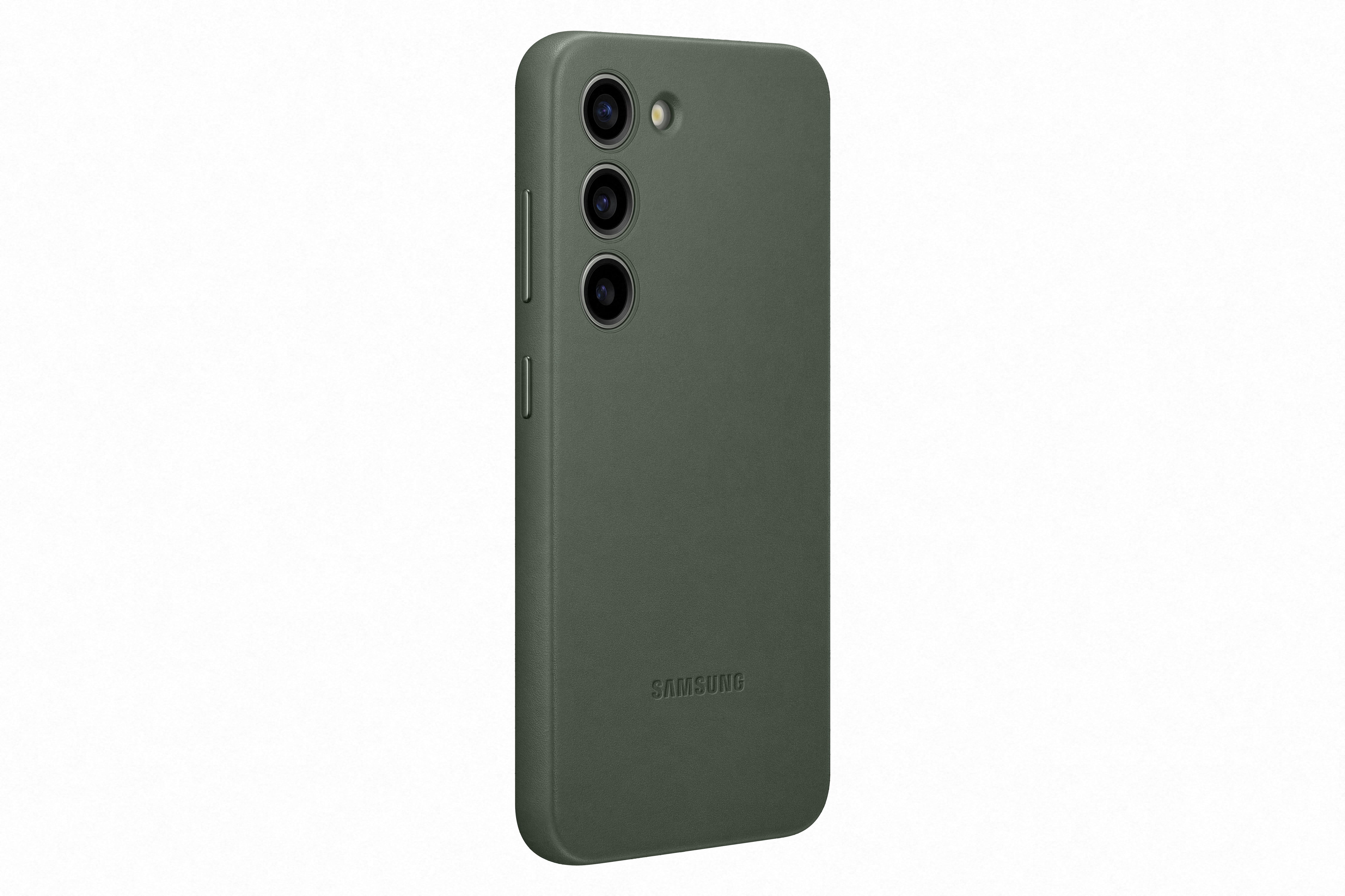 Una custodia verde per telefono con tre obiettivi della fotocamera, la parola 'SAMSUNG' in basso.