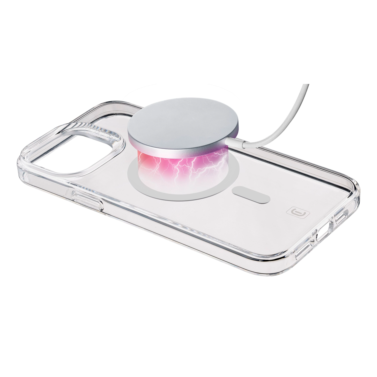 Una custodia trasparente per telefono con caricatore wireless collegato. Ha un caricatore circolare argentato che emette luce rosa.