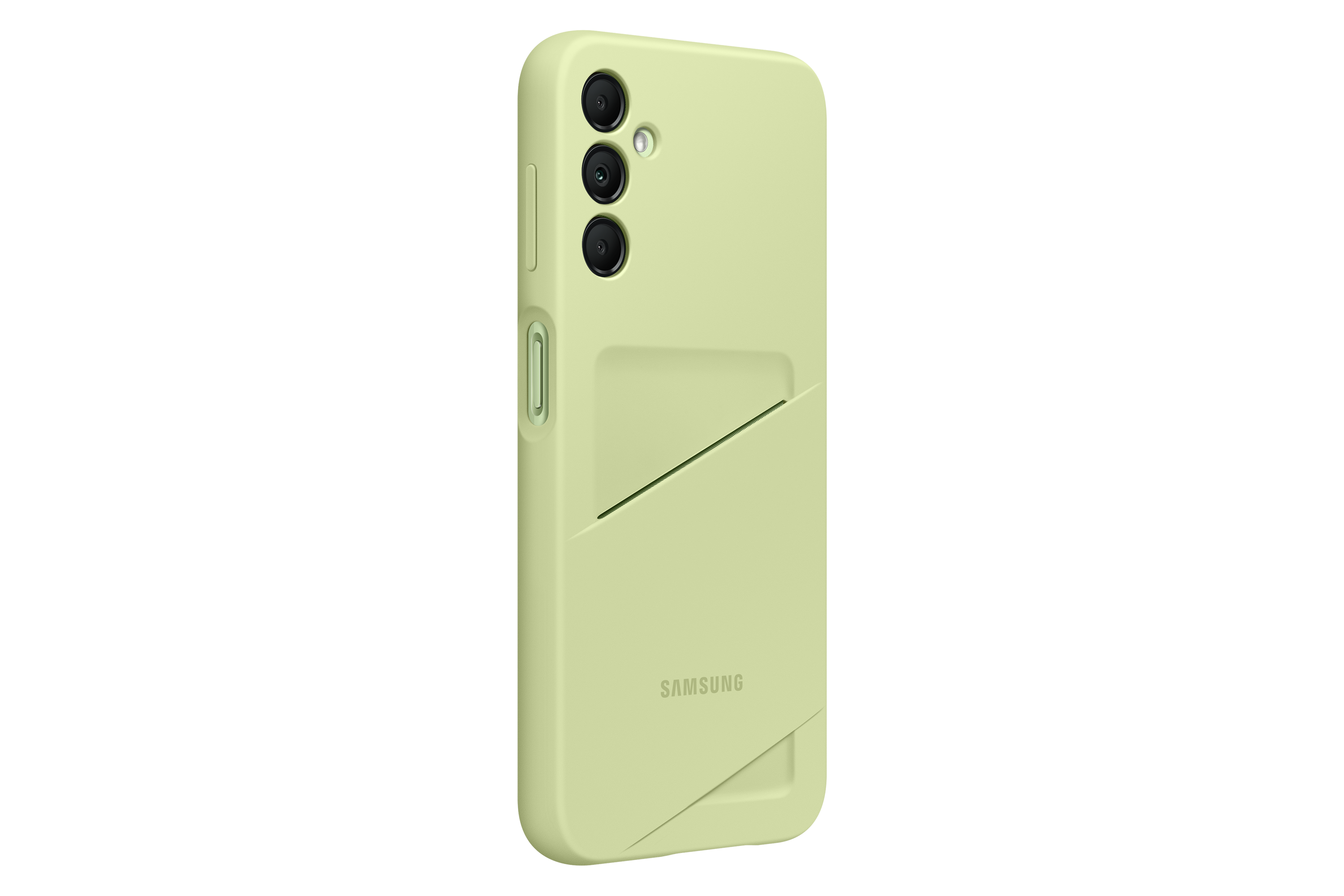 Hellgrüne Handyhülle mit Kartenfach und Kameraausschnitt. Das Samsung-Logo ist sichtbar.