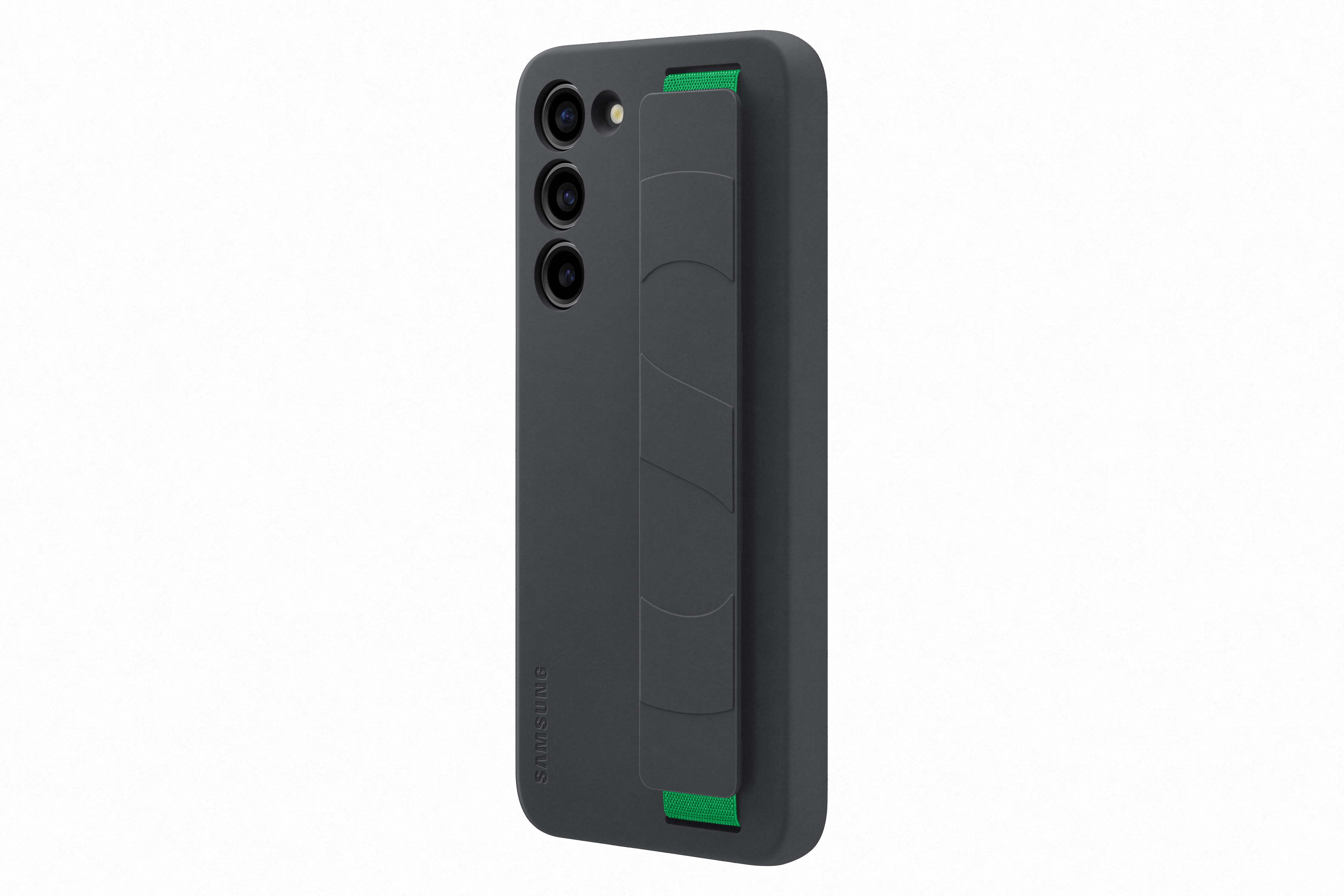Telefoonhoesje met een grip. De hoes is donkergrijs, met een groene grip op de achterkant.