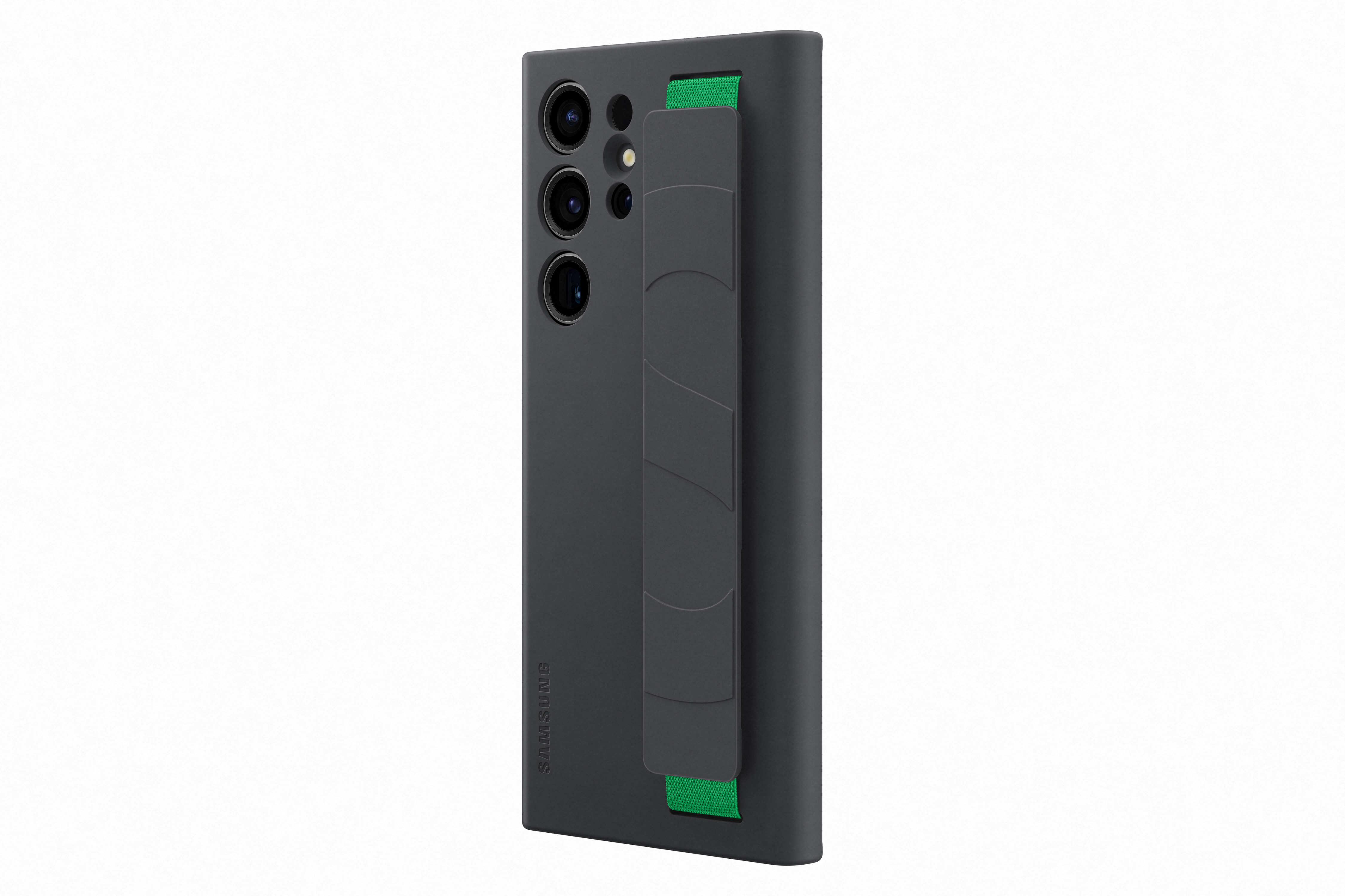 Donkergrijze telefoonhoes met drie camera's, een groene band en Samsung-branding.