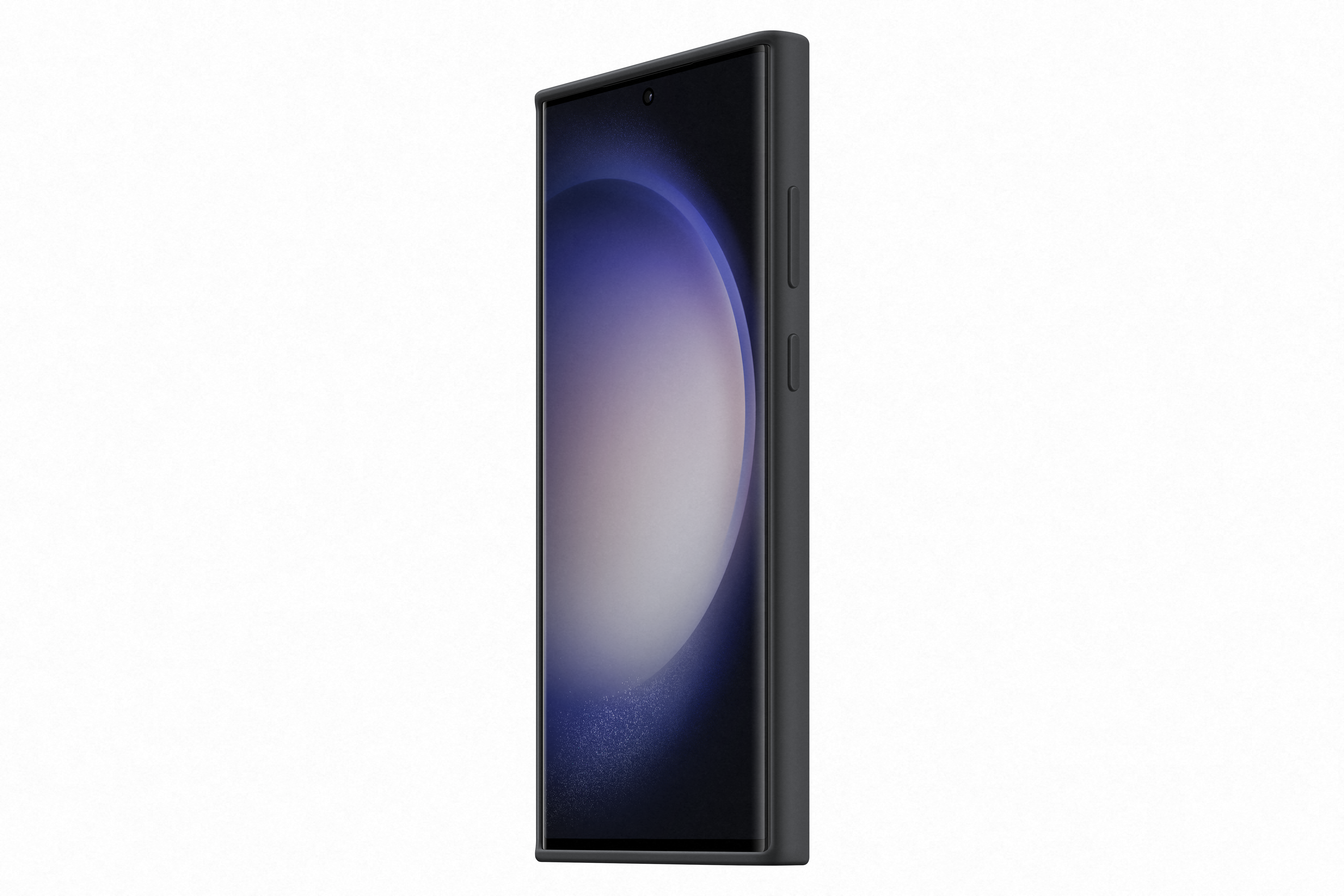 Zwarte telefoon met een donker scherm, de zijkant zichtbaar.